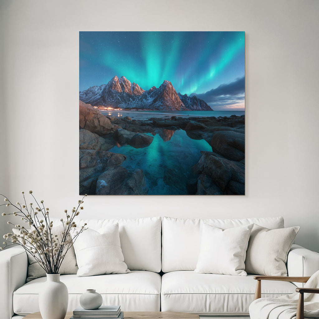 Polarlicht Nordlichter Berggipfel Reflexion Wasser Schnee Landschaft | Fjorde und Gletscher | Landschaften