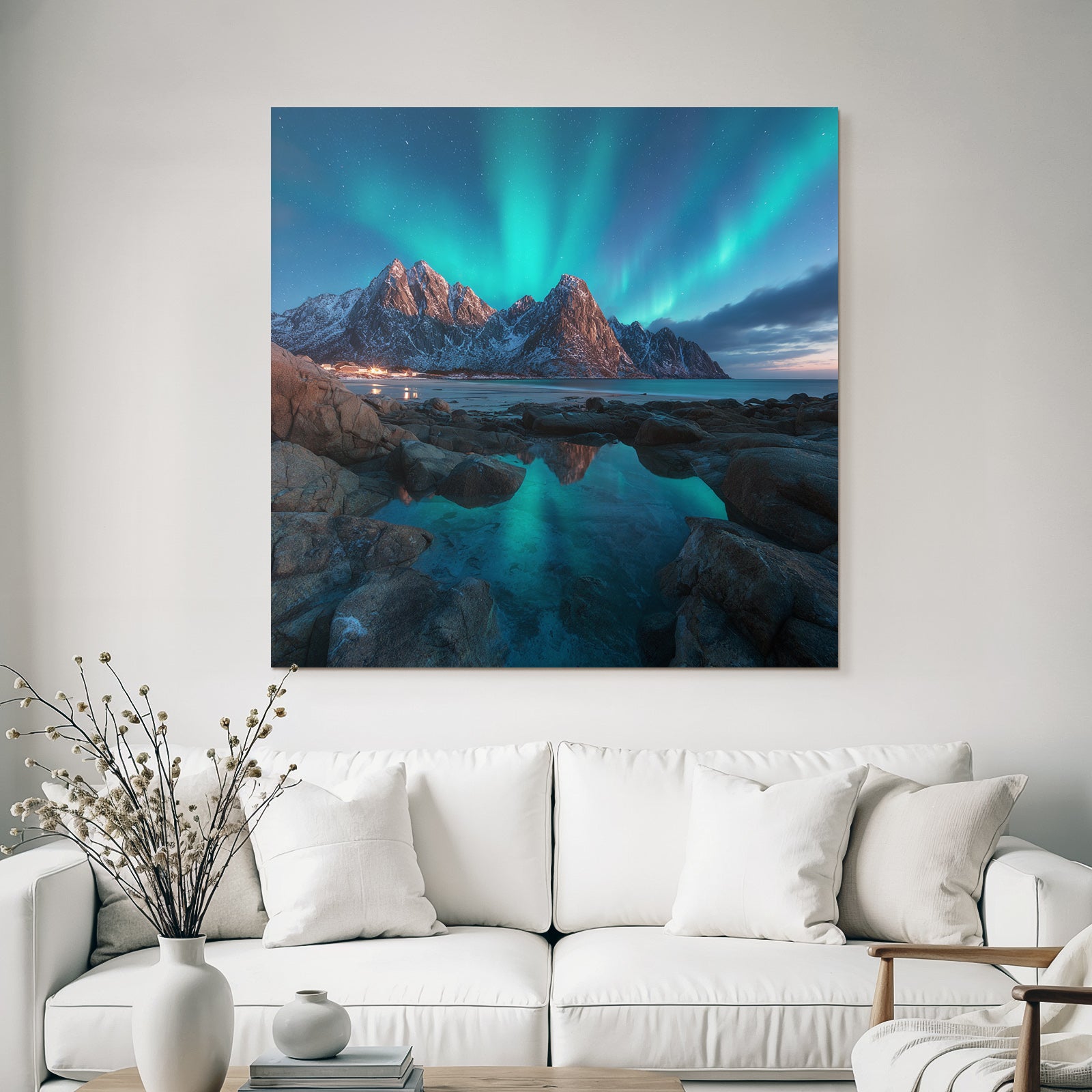 Polarlicht Nordlichter Berggipfel Reflexion Wasser Schnee Landschaft | Fjorde und Gletscher | Landschaften