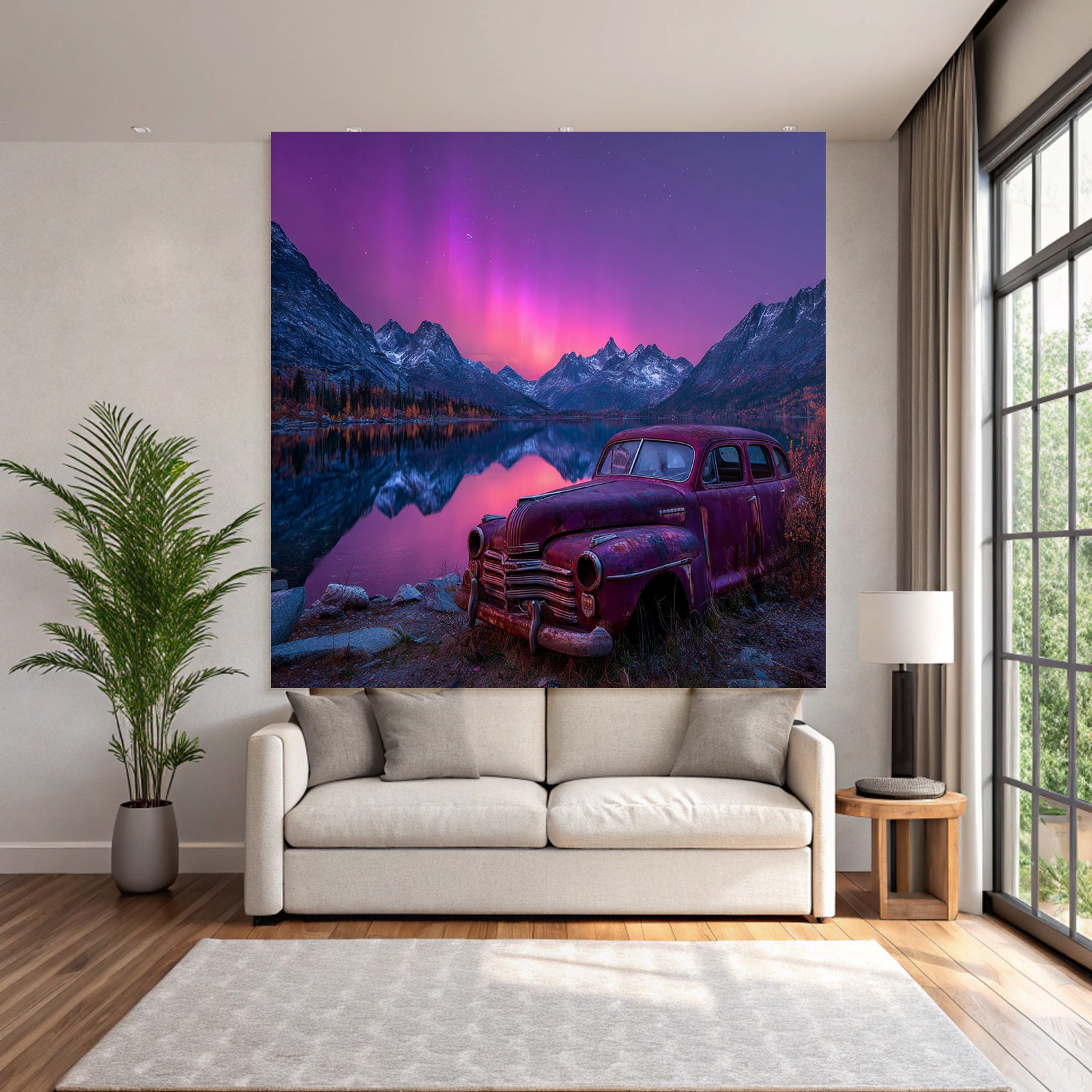 Polarlicht Schöne Natur Landschaft Mit See Und Bergen Und Altem Auto | Fjorde und Gletscher | Landschaften