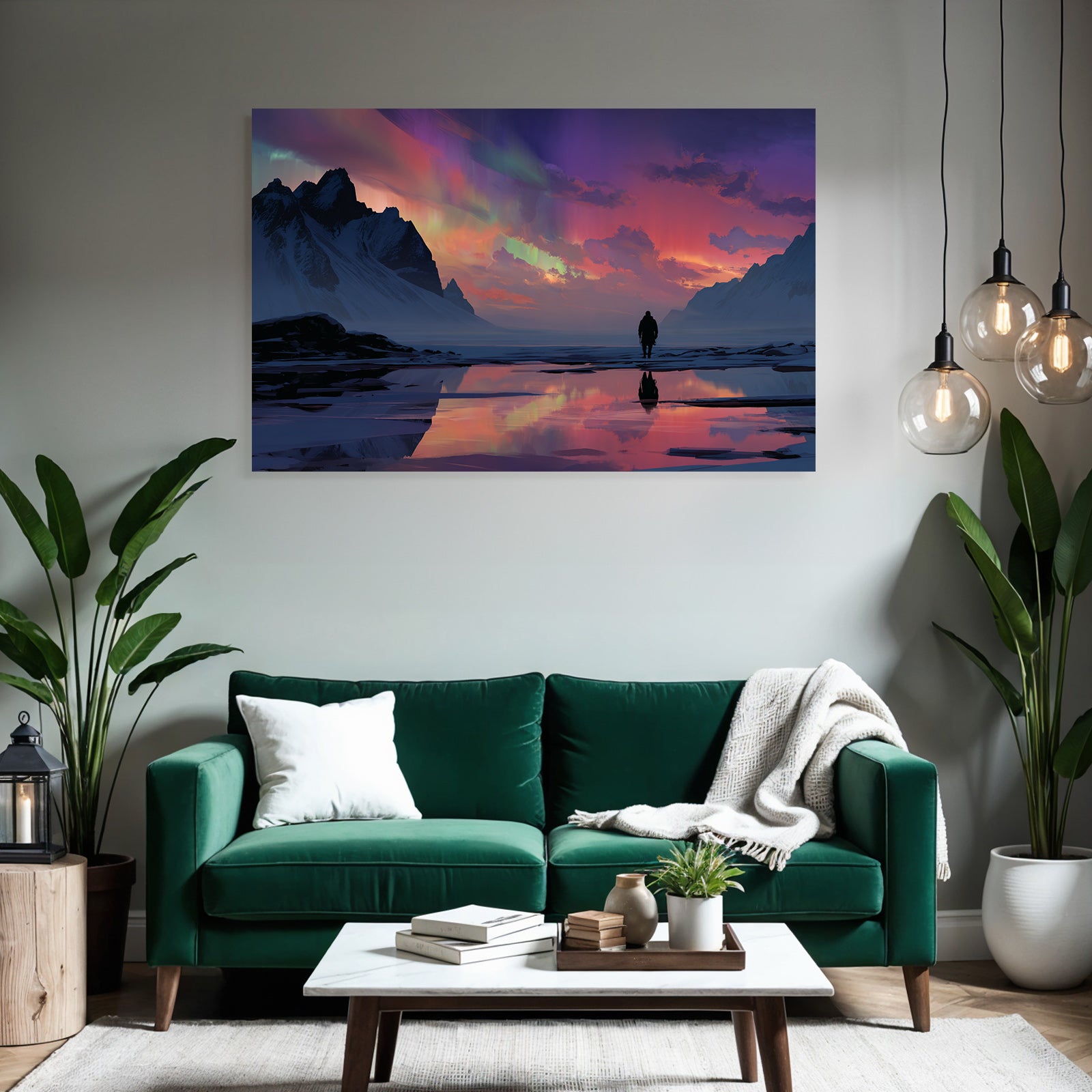 Polarlicht Majestatische Berglandschaft Nordlichter Reflektierende Oberfläche | Fjorde und Gletscher | Landschaften