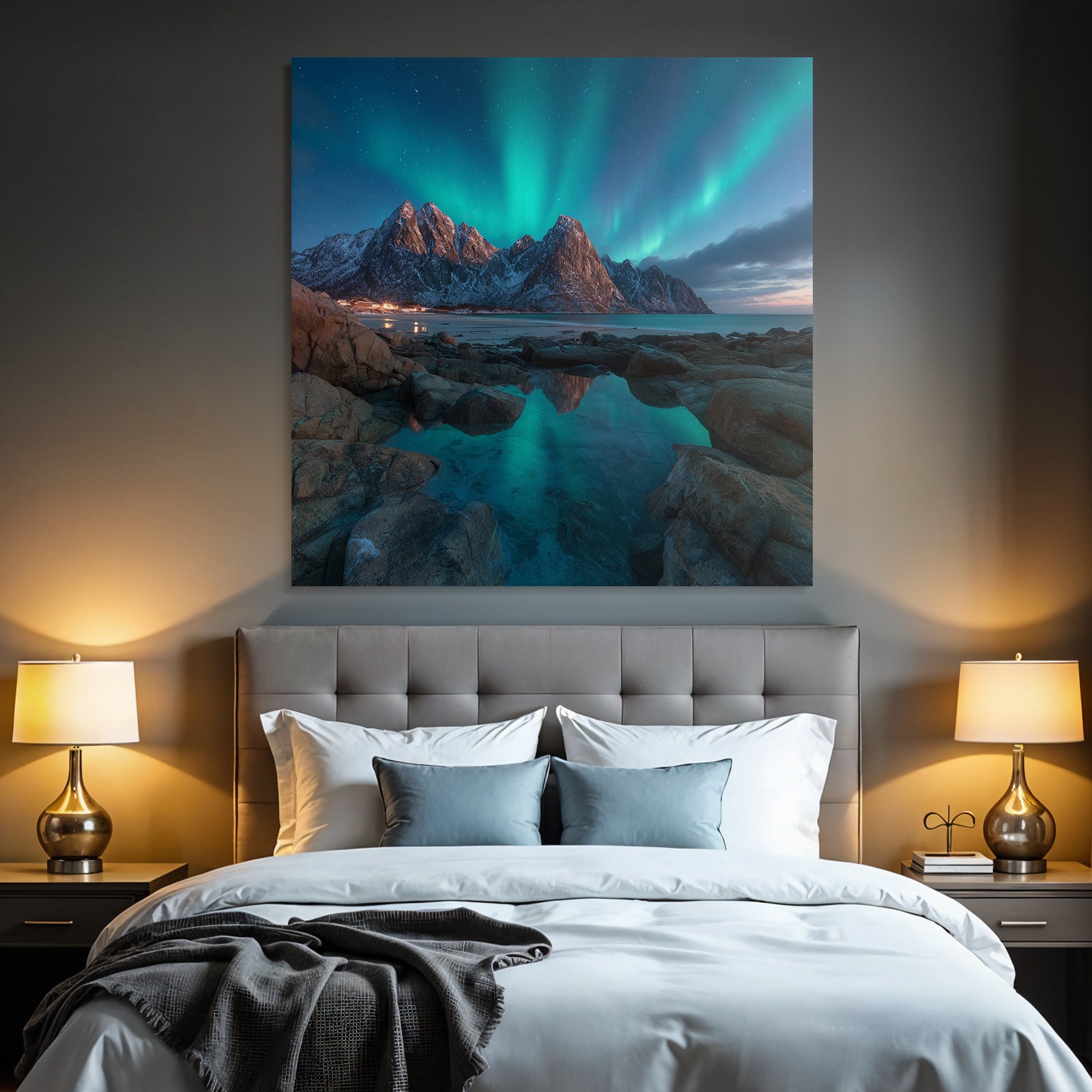 Polarlicht Nordlichter Berggipfel Reflexion Wasser Schnee Landschaft | Fjorde und Gletscher | Landschaften