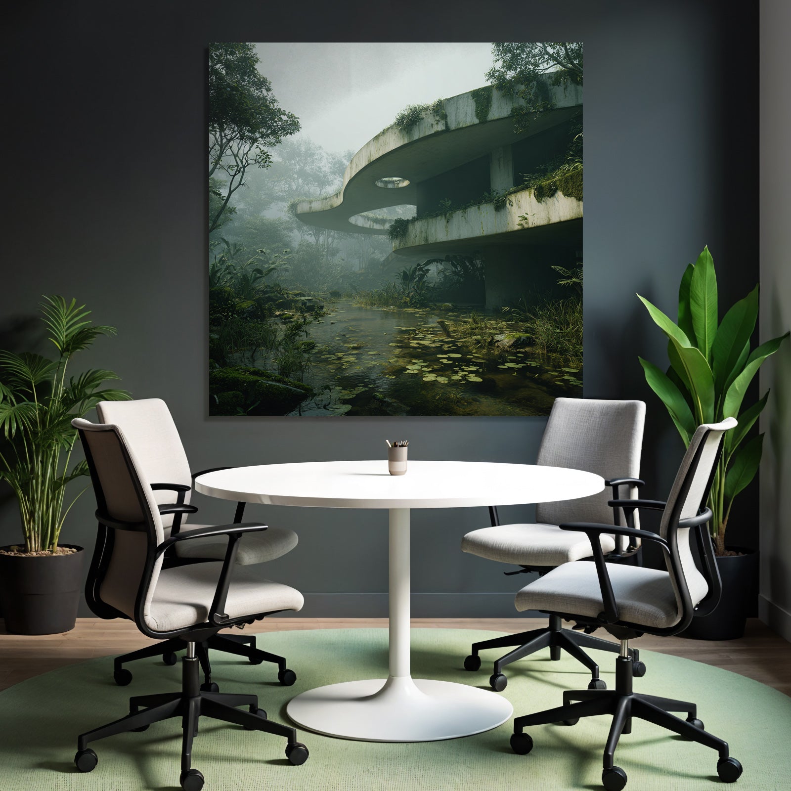Abstrakte Architektonische Struktur Umschlossen Von Vegetation Und Nebel | Lost Places | Architektur