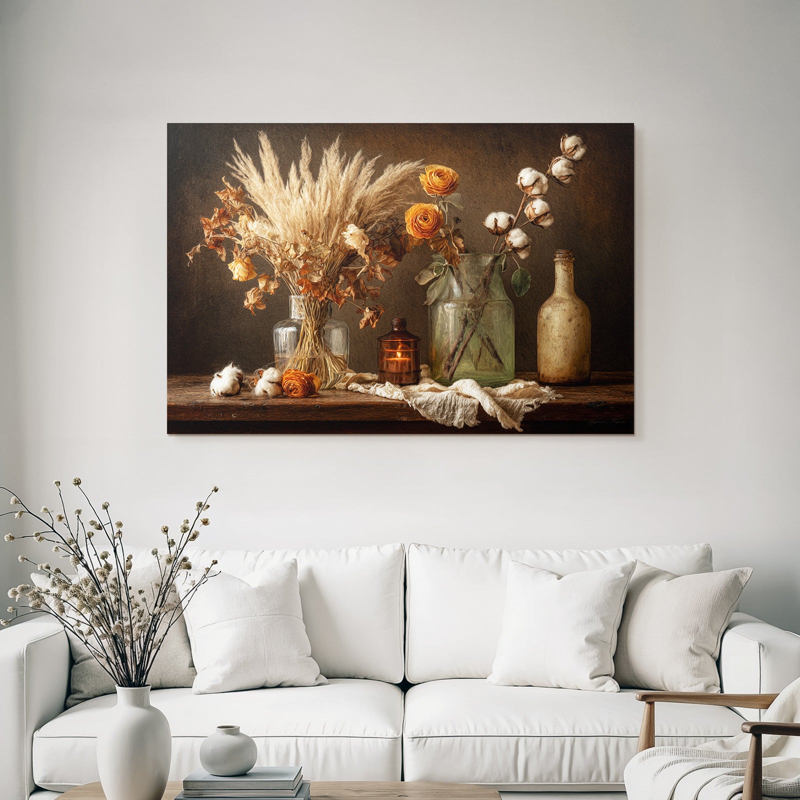 Trocken Retro Flowers Dried Flower Still Life Mit Pampasgras Rosen Und Baumwolle Glaskrüge Deko