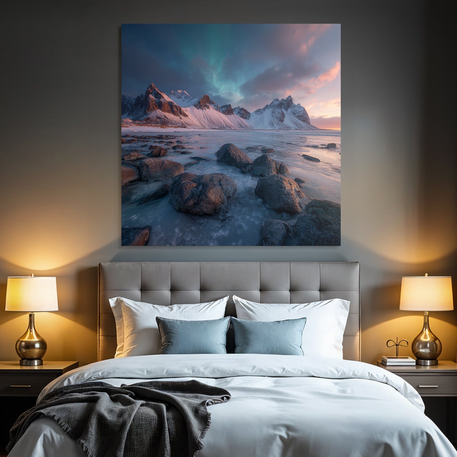 Polarlicht Winterlandschaft Mit Bergen Und Nordlichtern Mit Farbenfrohem Himmel | Fjorde und Gletscher | Landschaften