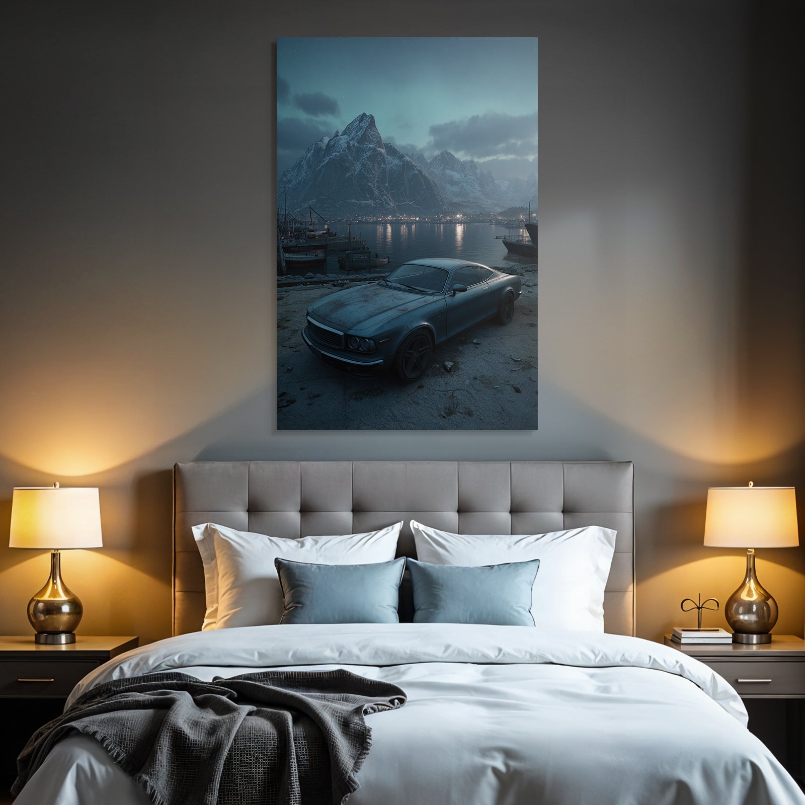Polarlicht Vintage Auto Hafen Hintergrund Schneebedeckte Berge Sonnenuntergang | Fjorde und Gletscher | Landschaften