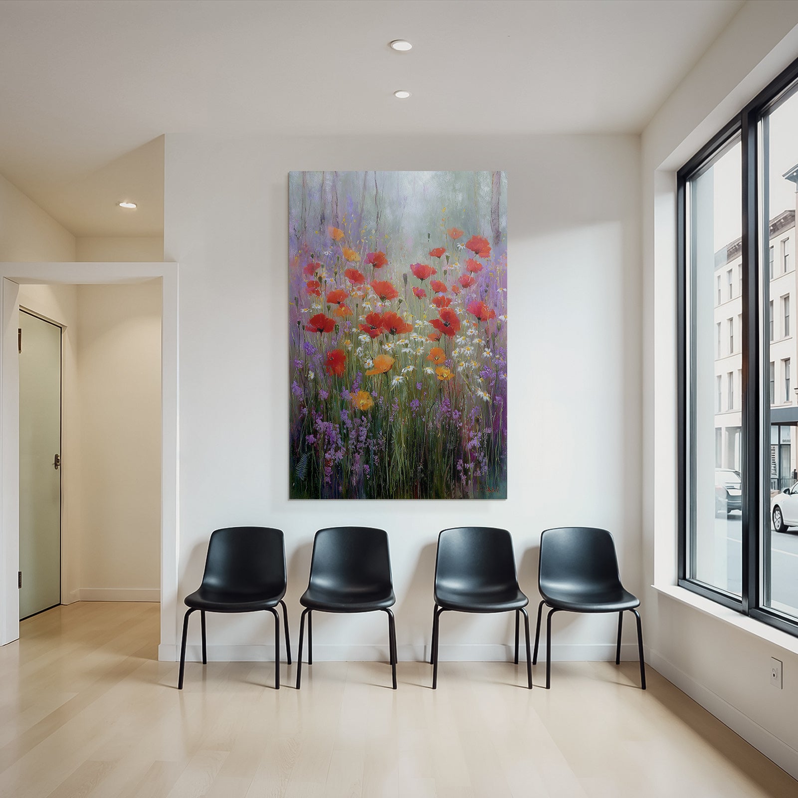 Wildwiese Mit Roten Mohn Weissen Gänseblümchen Und Lila Blüten