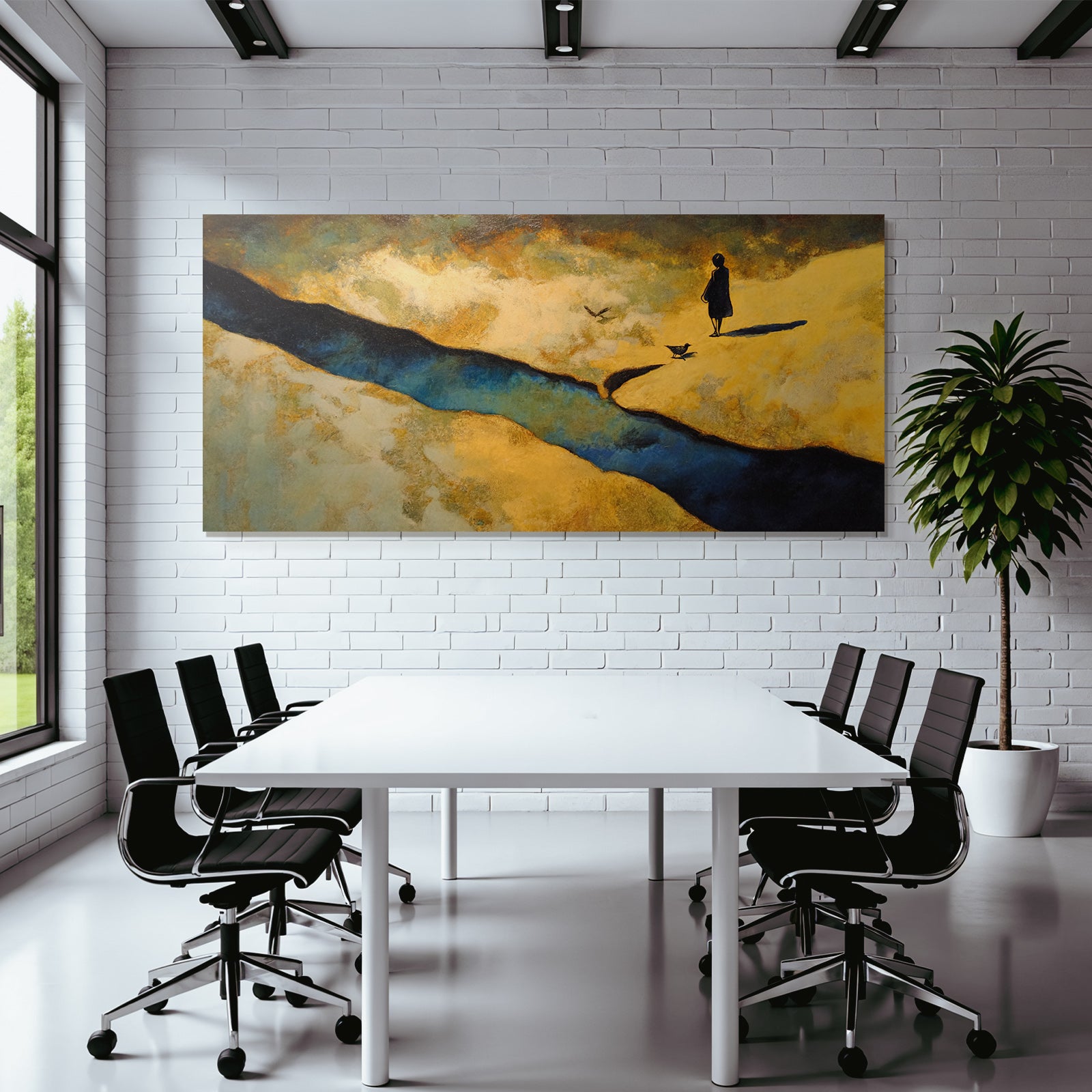 Yoga Meditation Figur Am Fluss Mit Vögeln Und Abstracten Landschaften | Yoga und Meditation | Themen und Hobbys