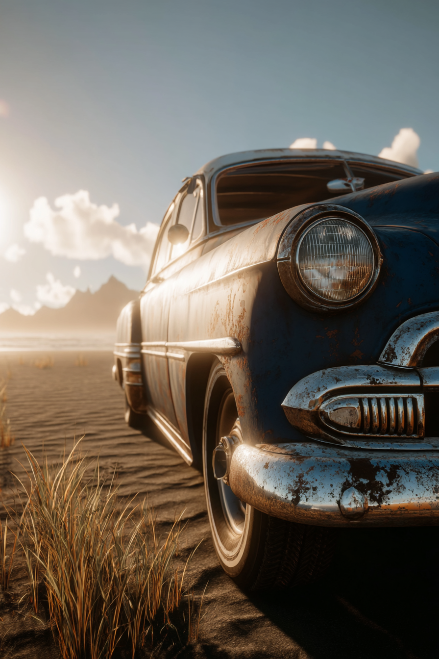 Altes Rustiges Auto Mitte Parked Auf Sand Filtered Sonnenlicht | Duenen und Heide | Landschaften