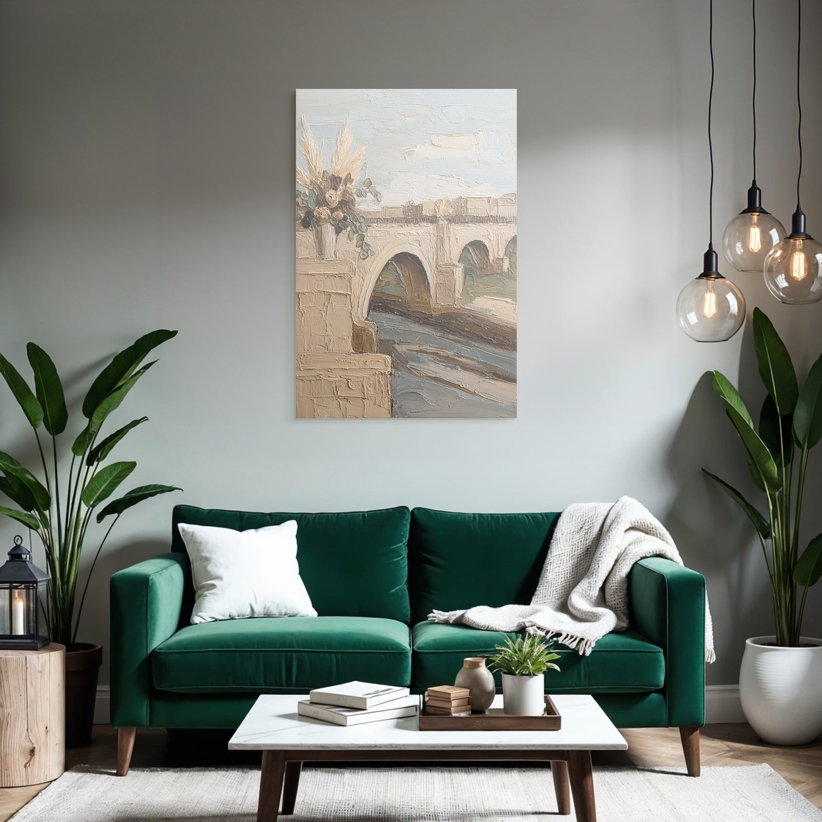Trocken Retro Flowers Brücke Über Fluss Vase Mit Getrockneten Serde Landschaft