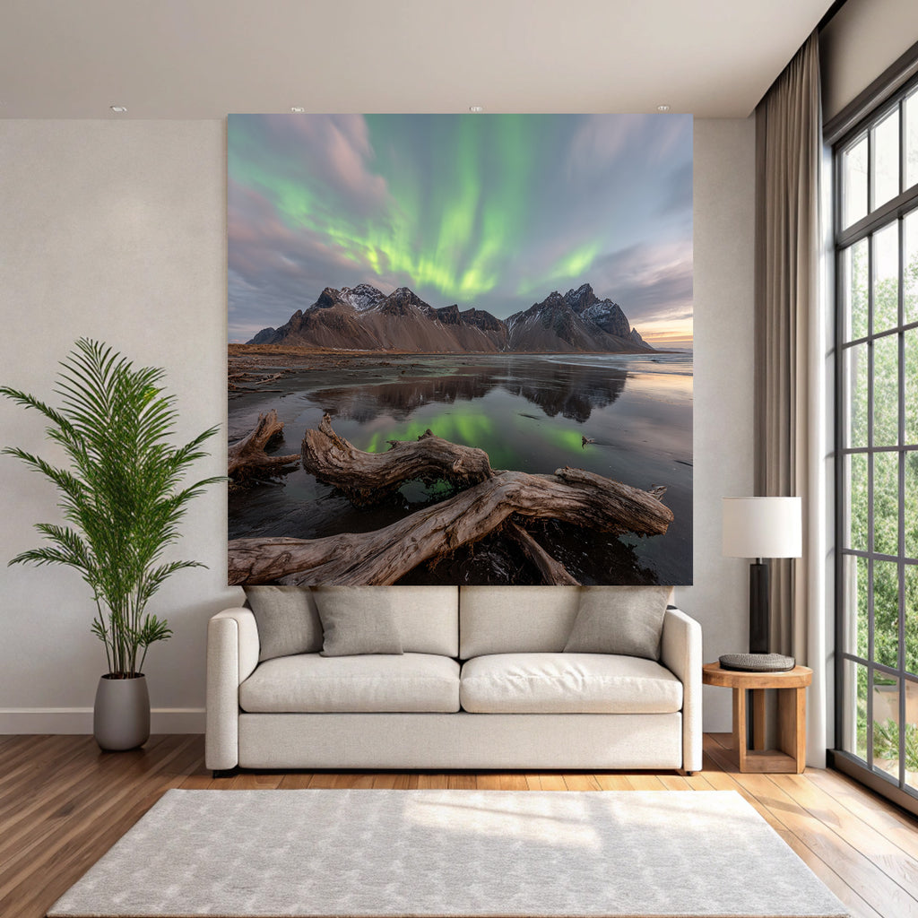 Polarlicht Natürliche Landschaft Mit Aurora Borealis Und Reflexionen | Fjorde und Gletscher | Landschaften