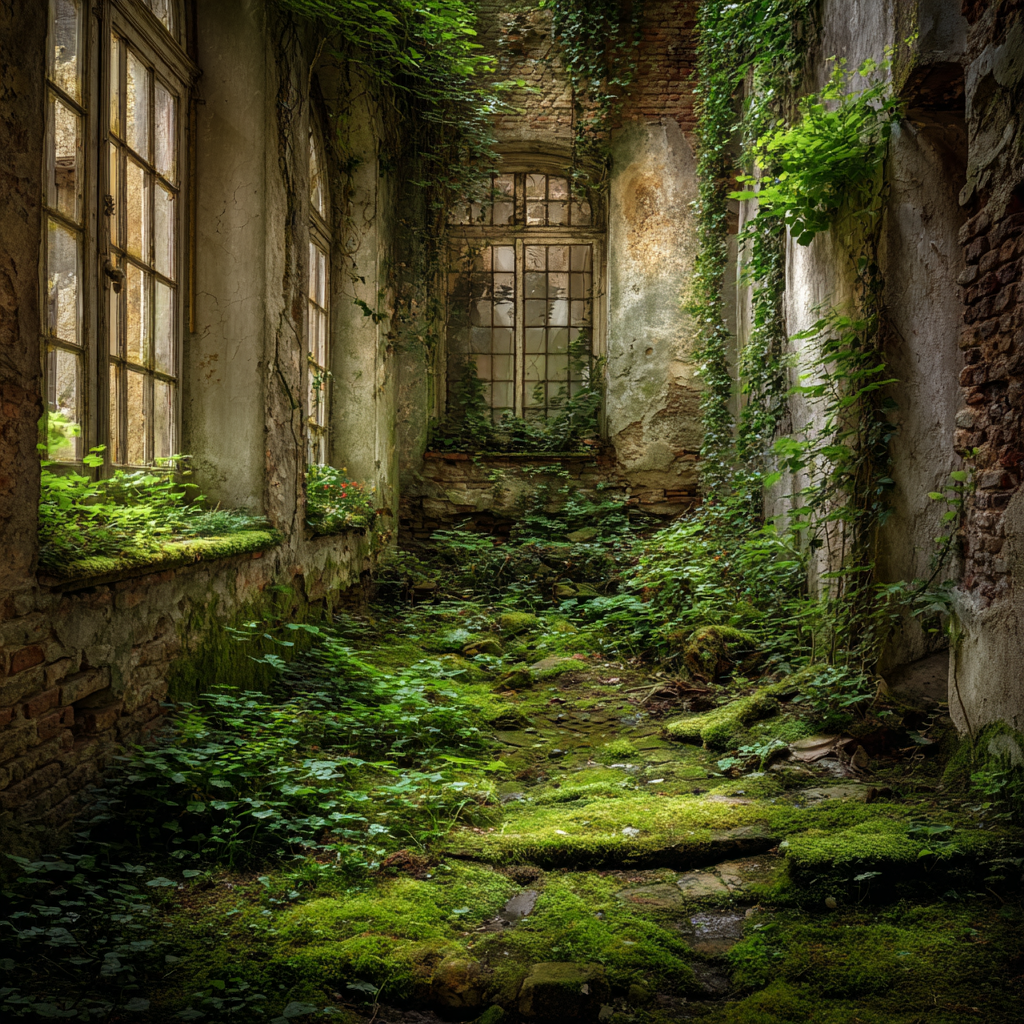 Überwuchertes Verlassenes Innenraummit Pflanzenwachstum | Lost Places | Architektur