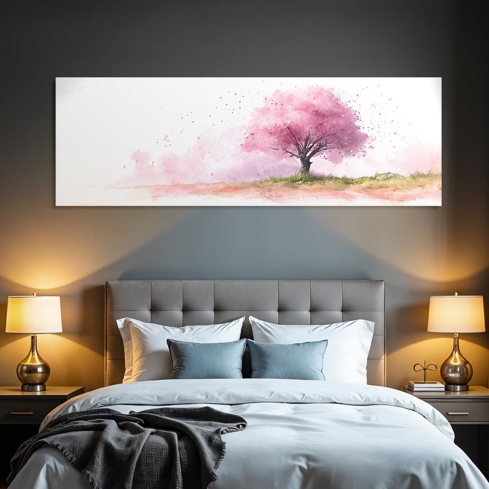 Zartes Aquarell Eines Rosa Kirschbaums Mit Gras