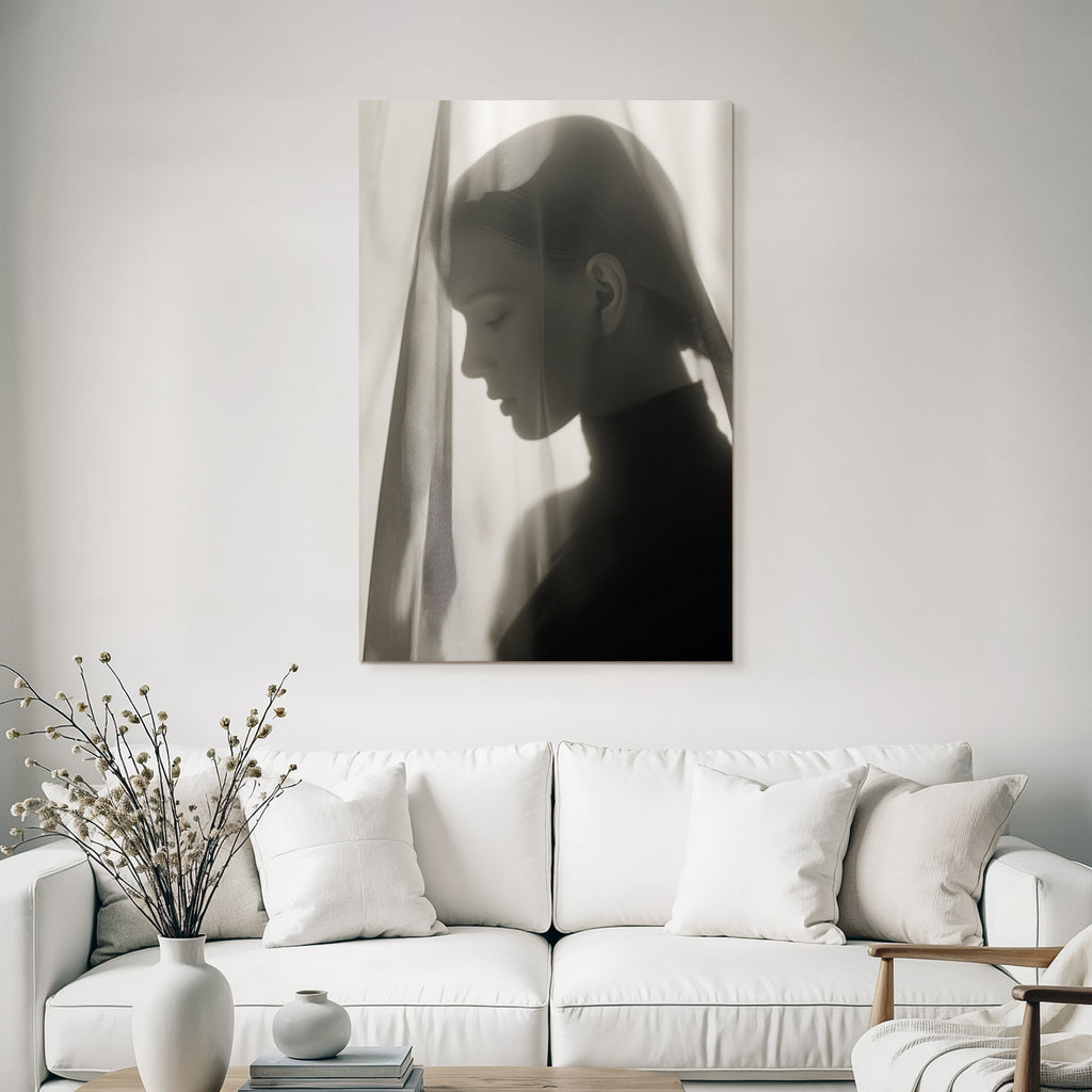 Monochrome Portrait Mit Sheer Stoff Introspektiv Lichtspiel | Aktkunst und Sinnlichkeit | Menschen und Emotionen