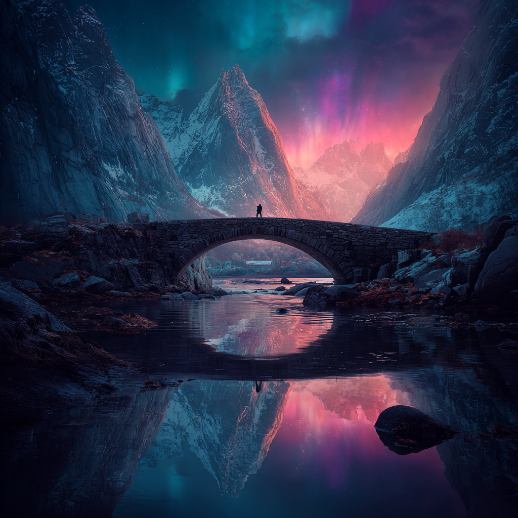 Polarlicht Brücke Über Wasser Mit Aurora Borealis In Den Bergen | Fjorde und Gletscher | Landschaften