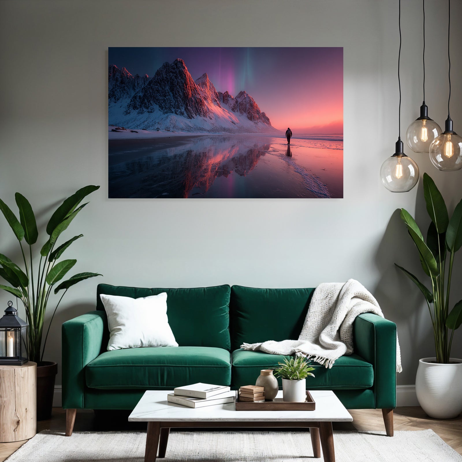 Polarlicht Schneebedeckte Berge Aurora Borealis Reflektierender Strand Pittoreske Szene | Fjorde und Gletscher | Landschaften