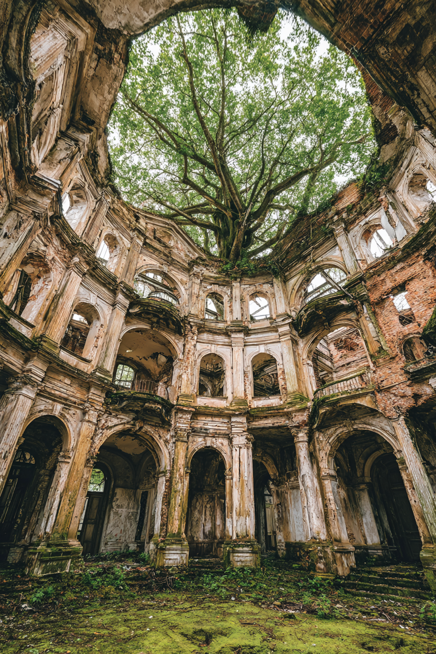 Verlassene Gebaeude Und Baum Wachsend Durch Mitte Ornamentale Elemente | Lost Places | Architektur