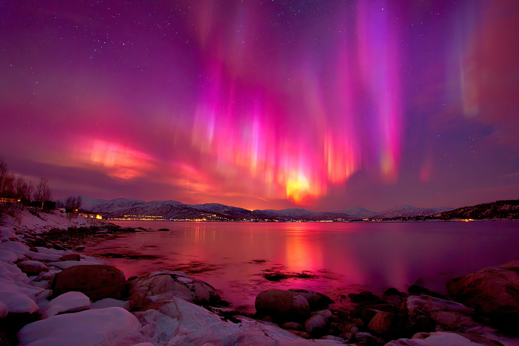 Polarlicht Aurora Borealis Nordlichter Nachtlandschaft Reflexion Wasser | Fjorde und Gletscher | Landschaften