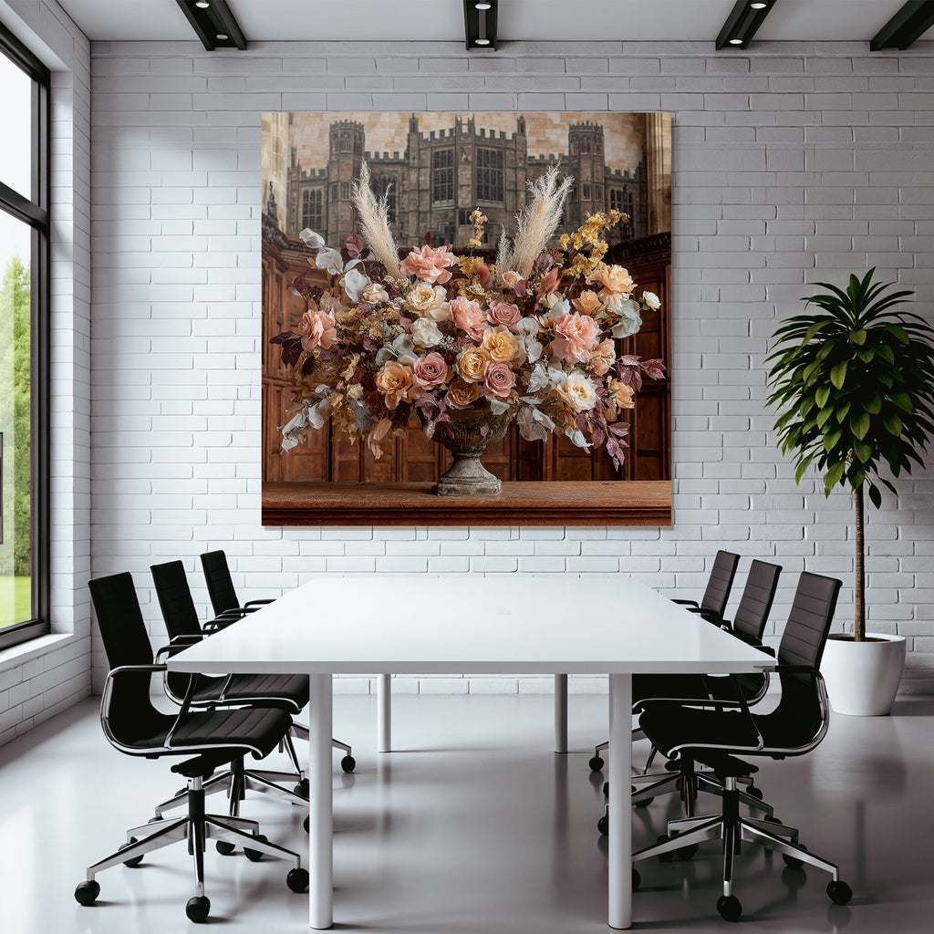 Trocken Retro Flowers Blumiges Arrangement In Ornamentalem Vase Mit Holz Hintergrund