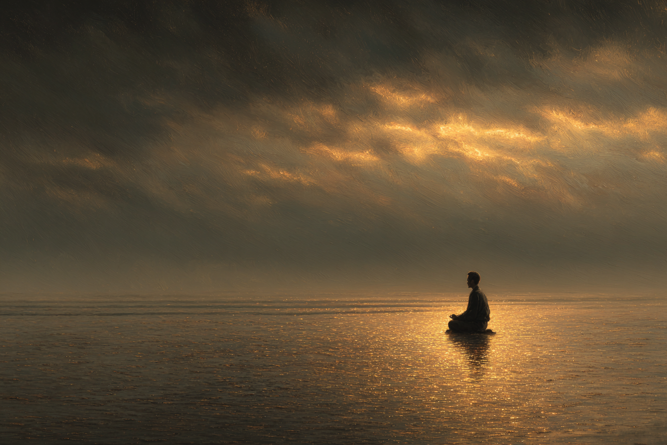 Yoga Meditation Meditierende Figur Auf Reflektierender Oberfläche Unter Dramatischem Himmel | Yoga und Meditation | Themen und Hobbys
