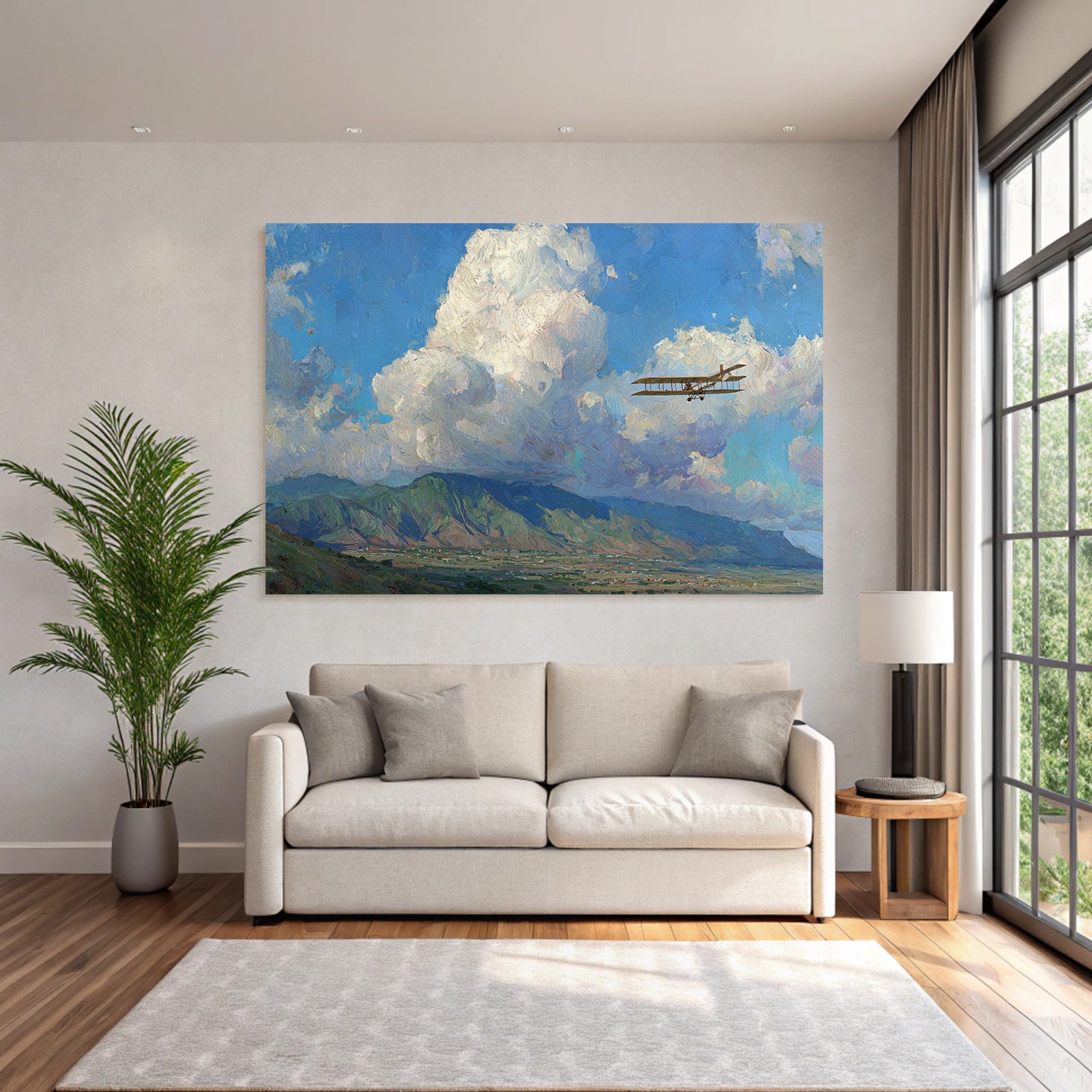 Vintage Biplan Flug Lebendige Himmel Mit Wolken Und Berge | Flugzeuge | Mobilitaet und Technik
