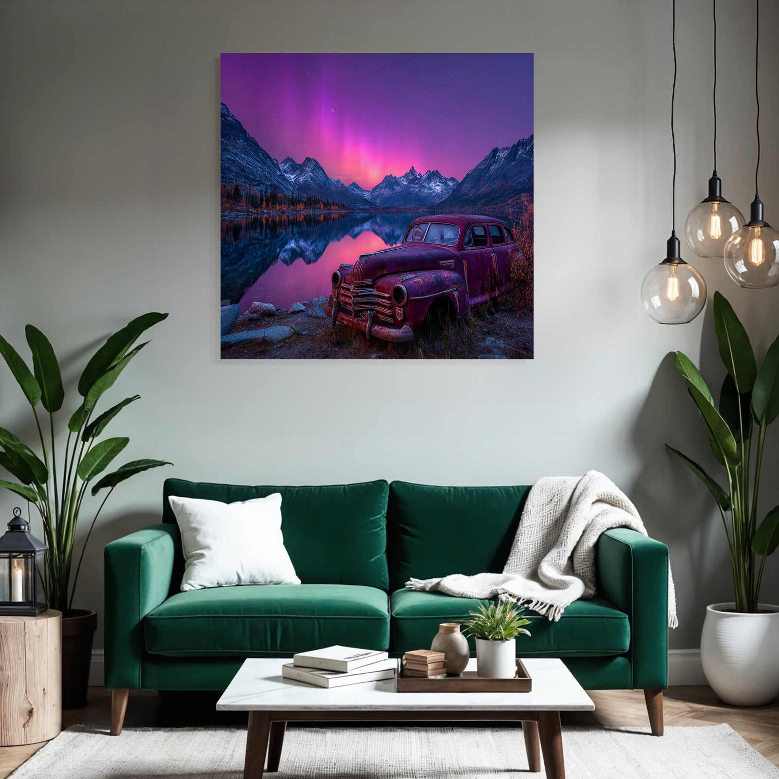 Polarlicht Schöne Natur Landschaft Mit See Und Bergen Und Altem Auto | Fjorde und Gletscher | Landschaften
