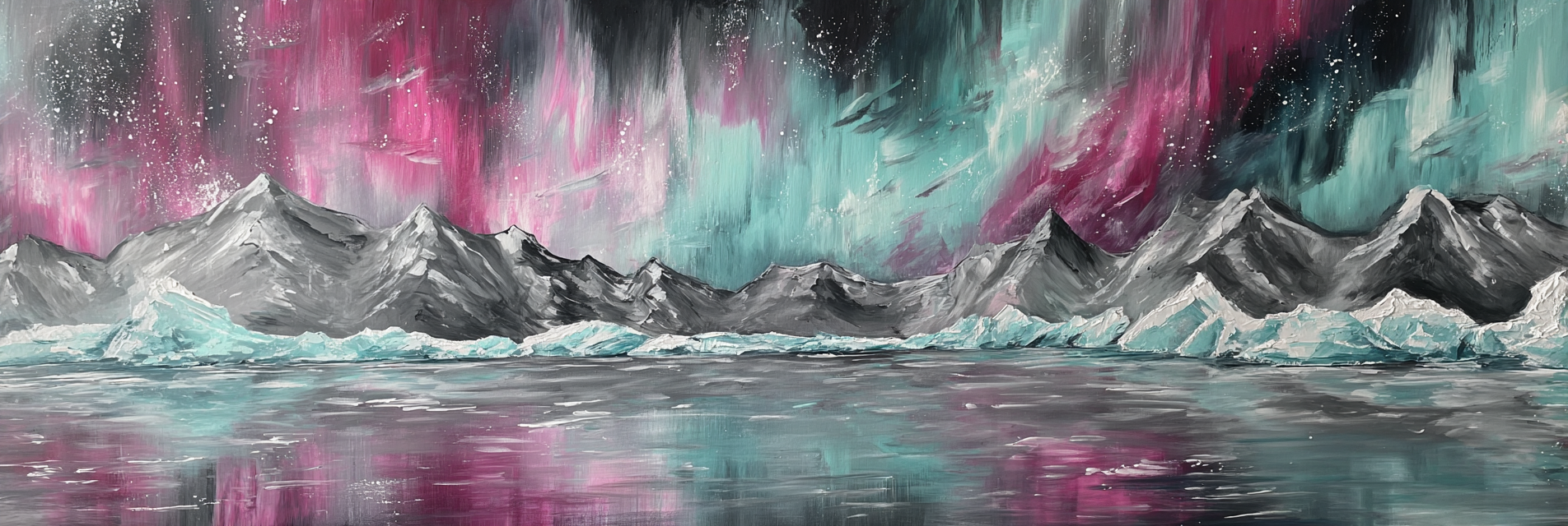 Polarlicht Abstraktes Landschaftsgemälde Mit Bergen Eis Und Vibrantem Himmel | Fjorde und Gletscher | Landschaften