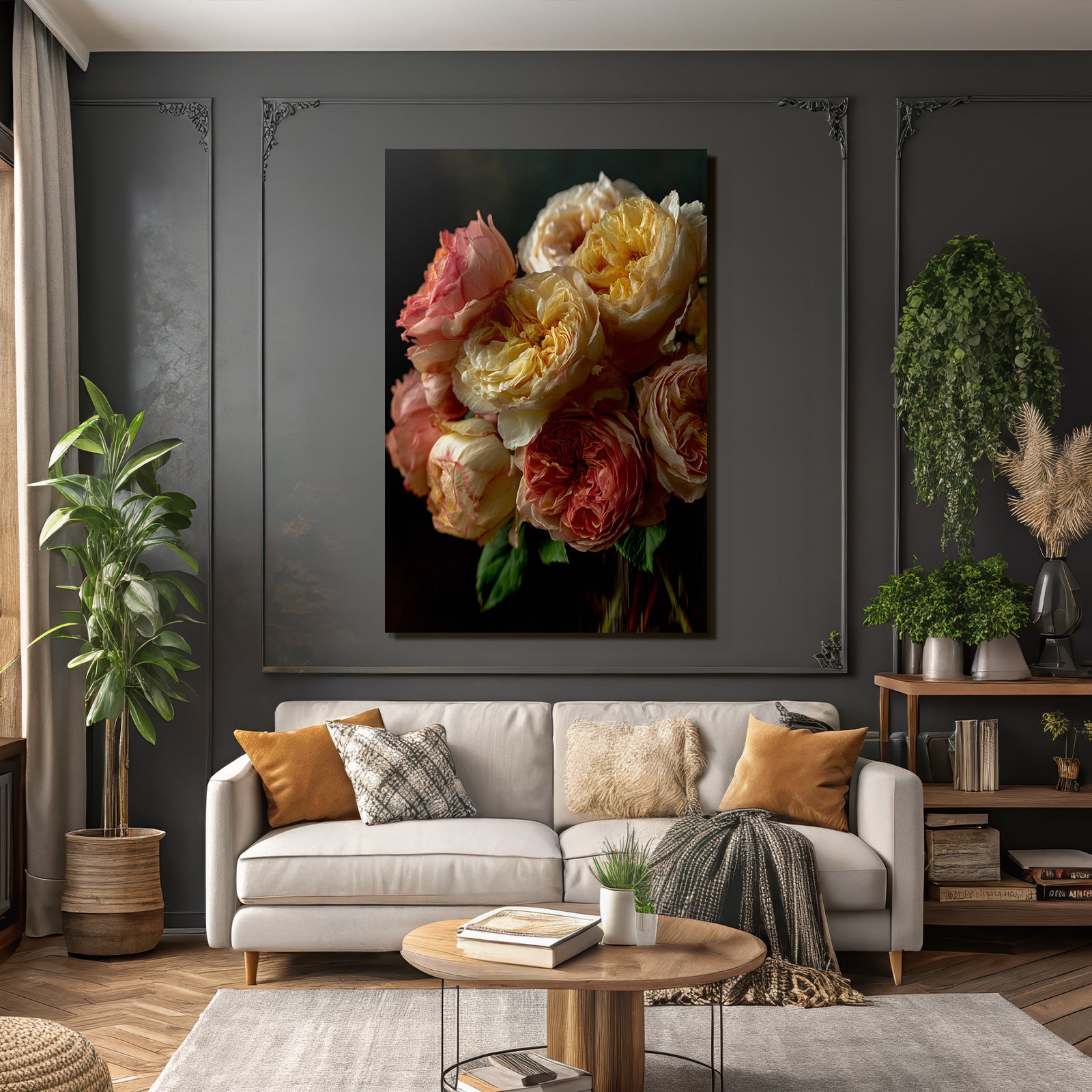 Nahaufnahme Eines Rosenstrausses In Pastellrosa Creme Und Gelb Auf Dunklem Hintergrund