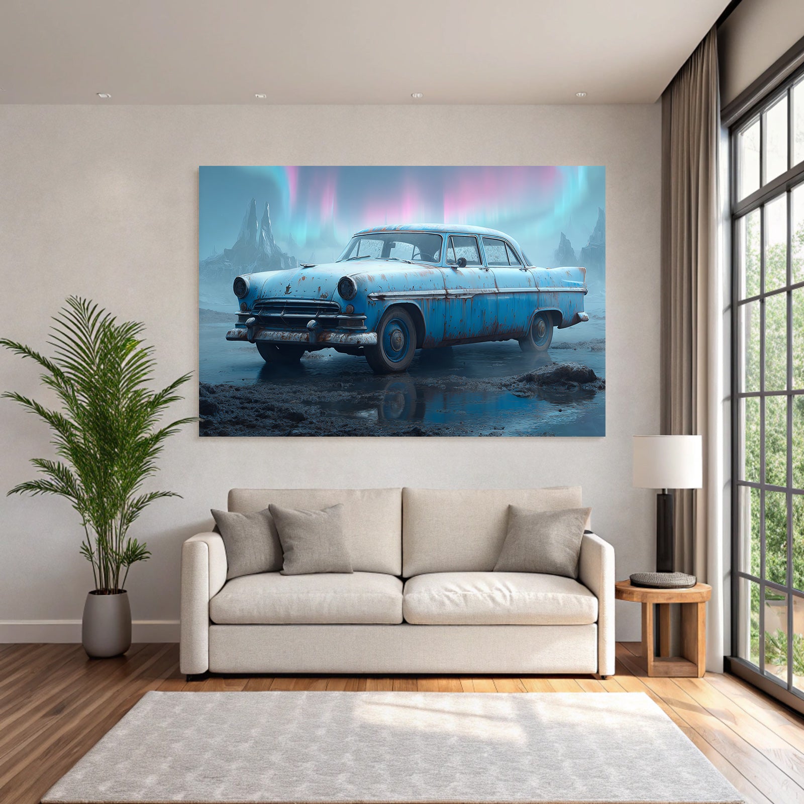 Polarlicht Alter Rustiger Blaür Auto In Surrealer Landschaft Mit Aurora | Fjorde und Gletscher | Landschaften