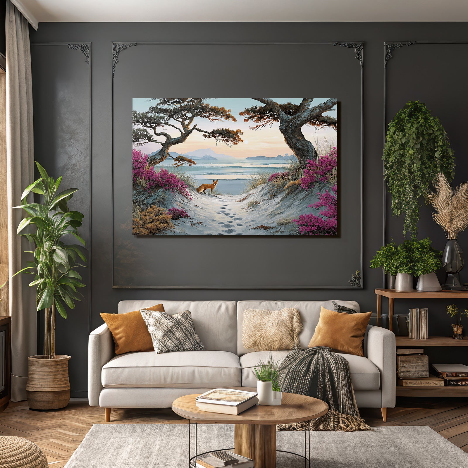 Szenenlandschaft Mit Strand Und Fox Unter Bergen Und Blumen | Duenen und Heide | Landschaften