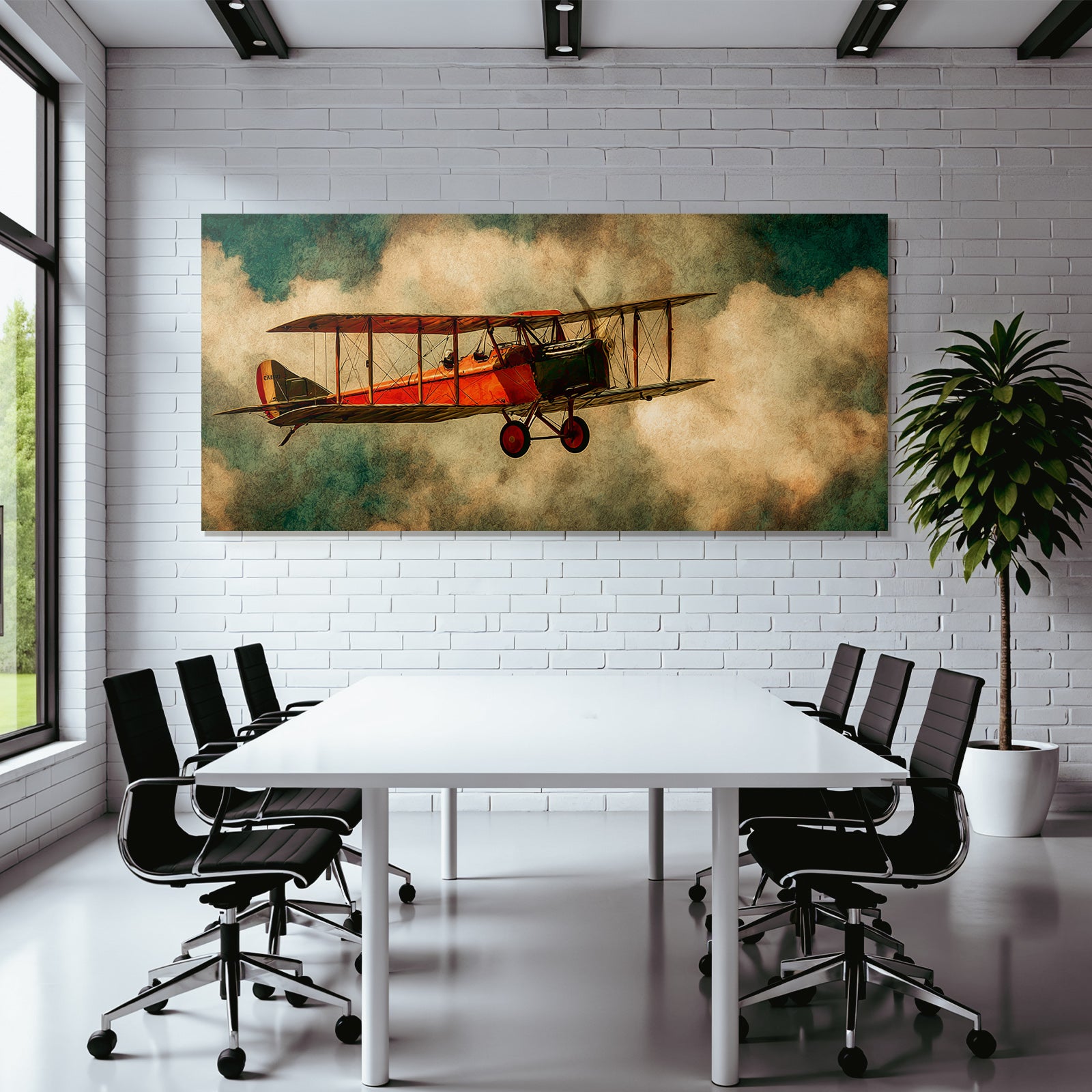 Vintage Biplane Roter Himmel Mit Nebel Kunstwerk | Flugzeuge | Mobilitaet und Technik