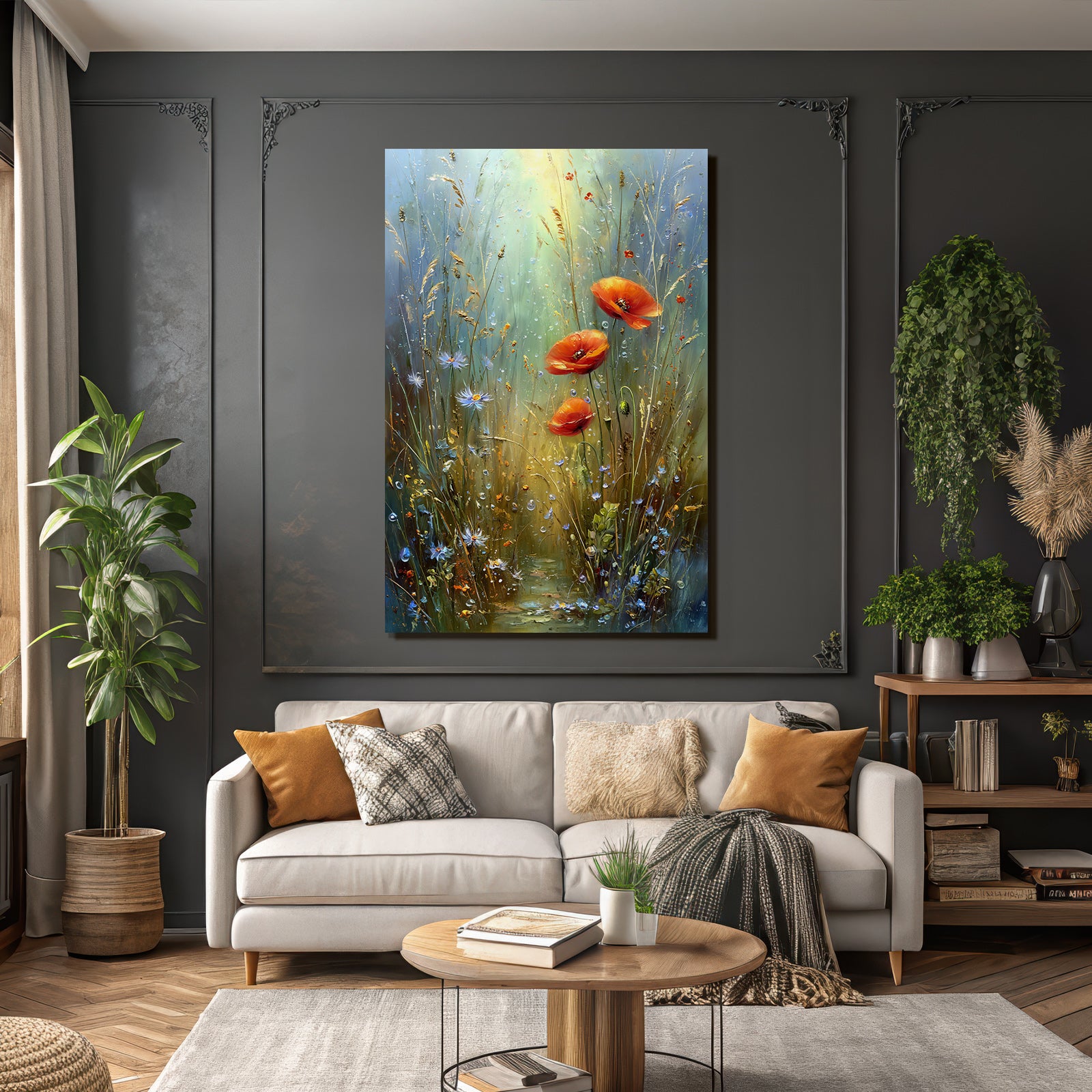Impressionistische Wiese Mit Mohn Gräser Blaün Wildblüten Und Wassertropfen