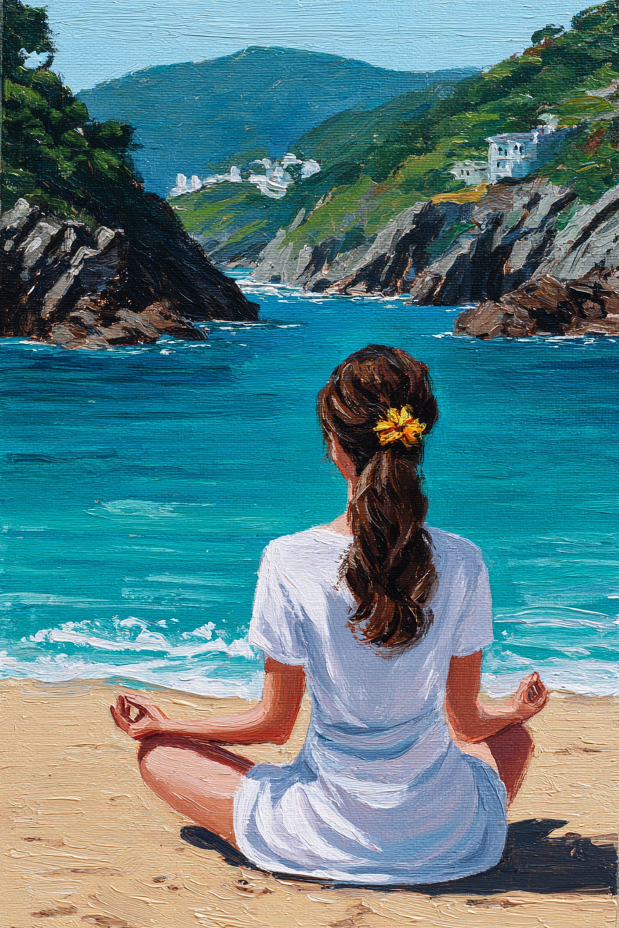Yoga Meditation Frau Im Meditativen Pose Am Strand Weisse Kleid Mit Blumen Accessoire | Yoga und Meditation | Themen und Hobbys