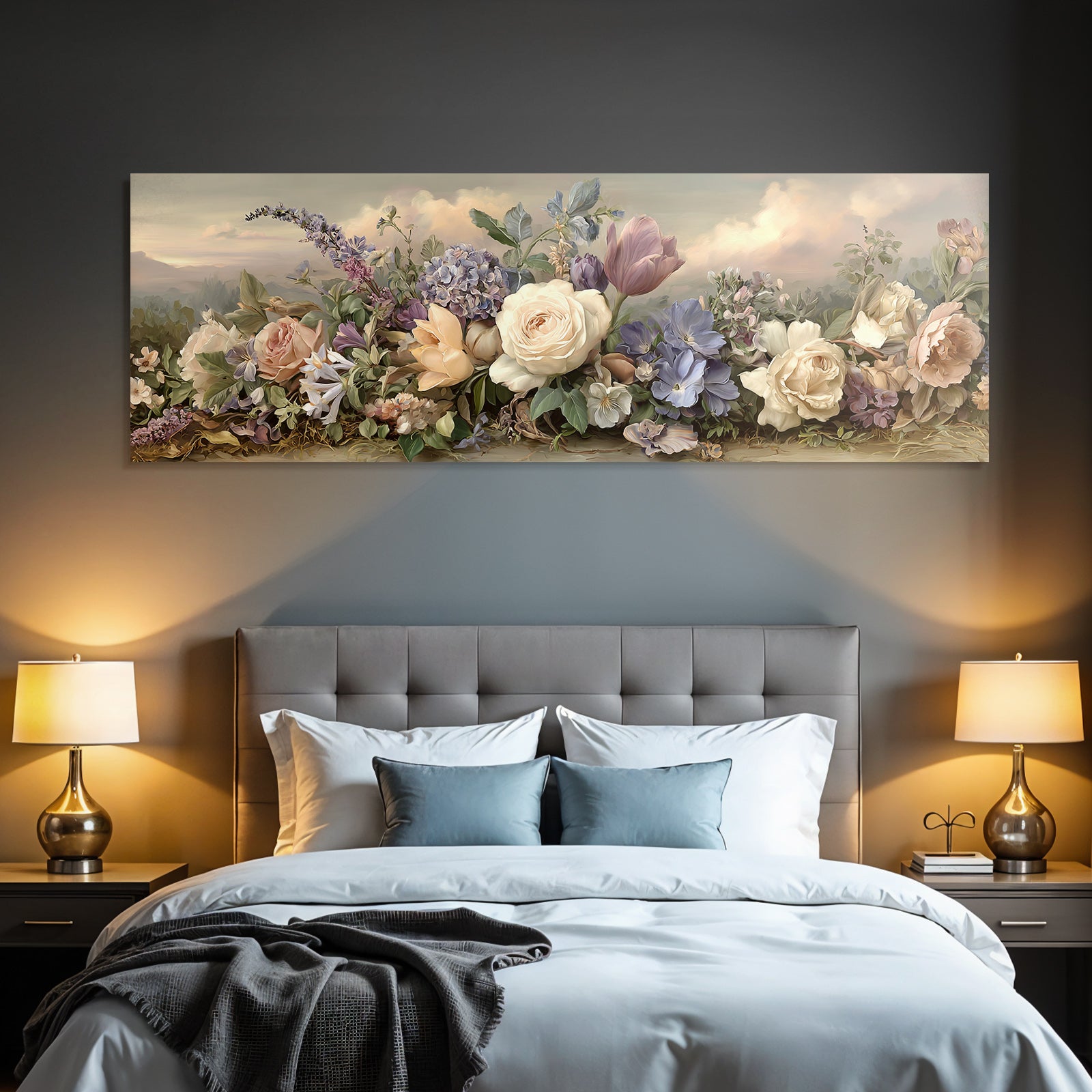 Romantische Landschaft Mit Rosen Und Tulpen Im Morgendlichen Pastelllicht