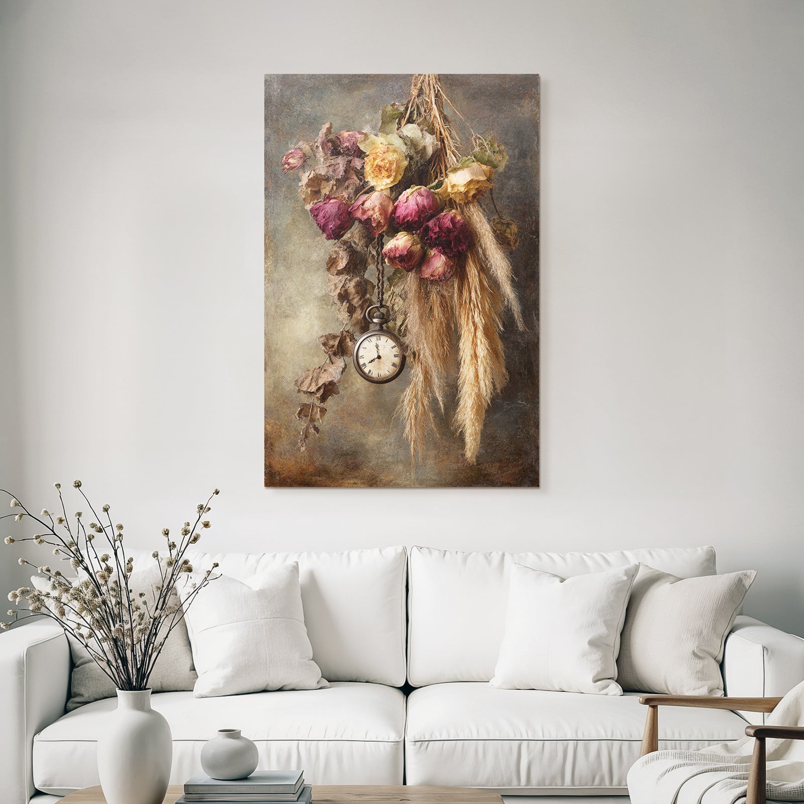 Trocken Retro Flowers Getrocknete Rosen Mit Vintage Uhr Der Verganglichkeit