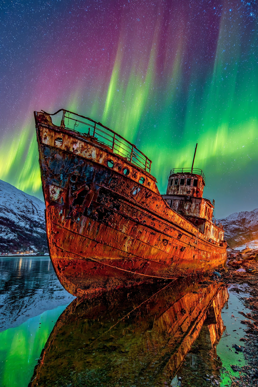 Polarlicht Rustiges Schiffwrack Unter Dem Aurora Borealis Mit Reflexion Im Wasser | Fjorde und Gletscher | Landschaften