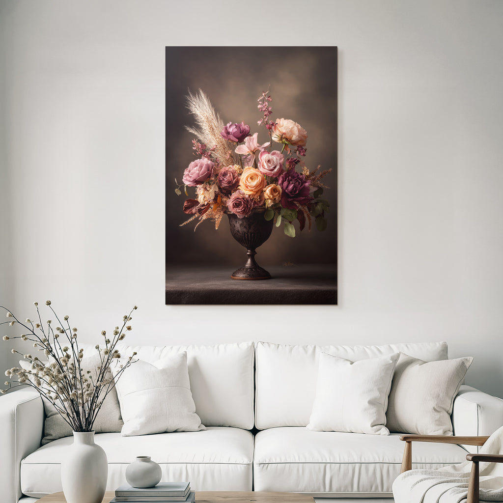 Trocken Retro Flowers Wunderschöne Gesteck Im Verzierten Vase Rosen Und Päonien Mit Trocken