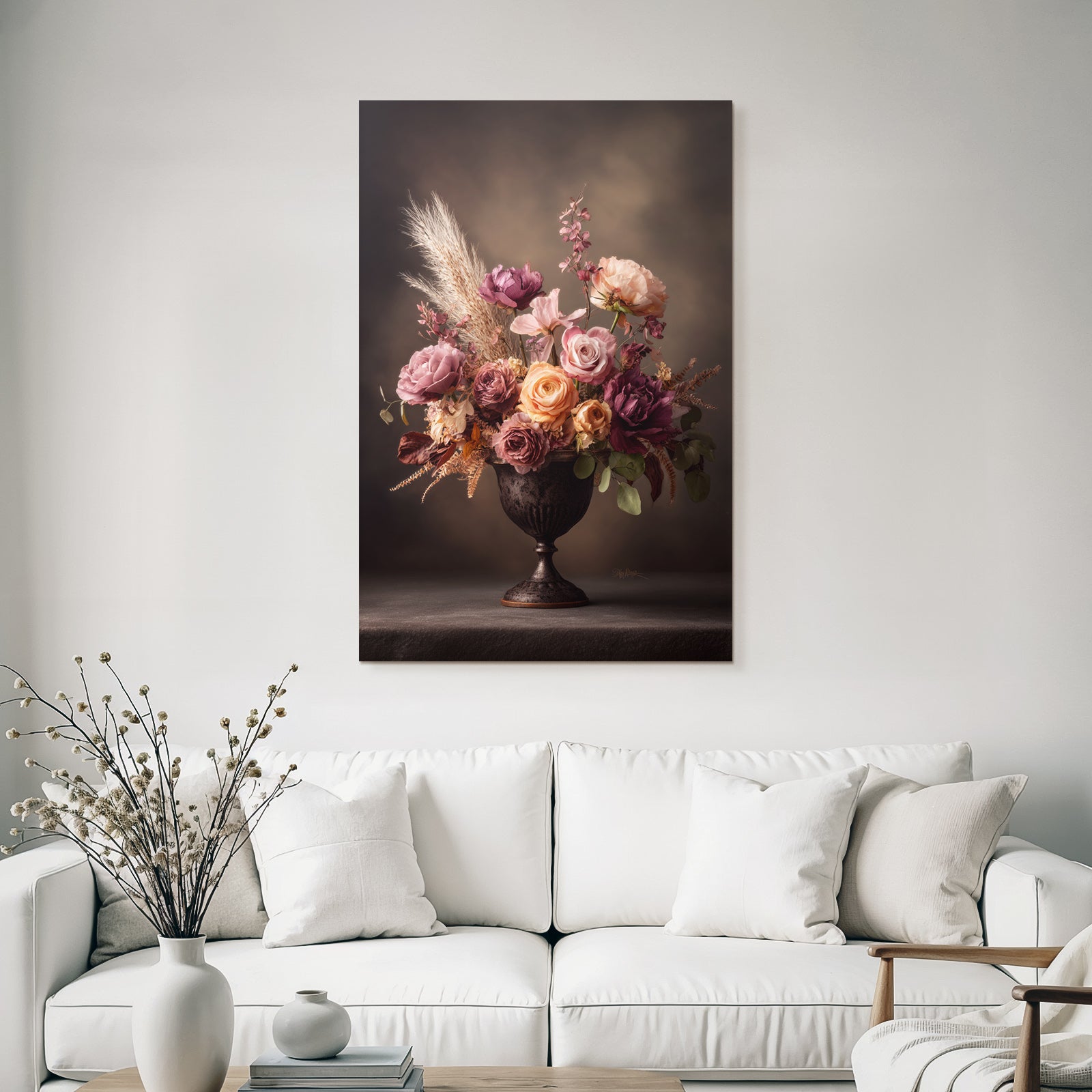 Trocken Retro Flowers Wunderschöne Gesteck Im Verzierten Vase Rosen Und Päonien Mit Trocken