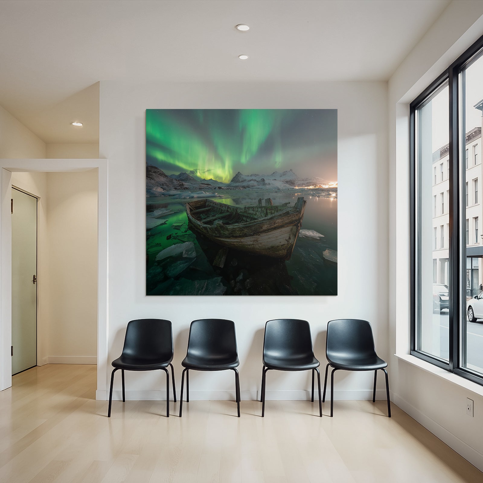 Polarlicht Winterlandschaft Boote Auroraborealis Schneebärgebirge | Fjorde und Gletscher | Landschaften