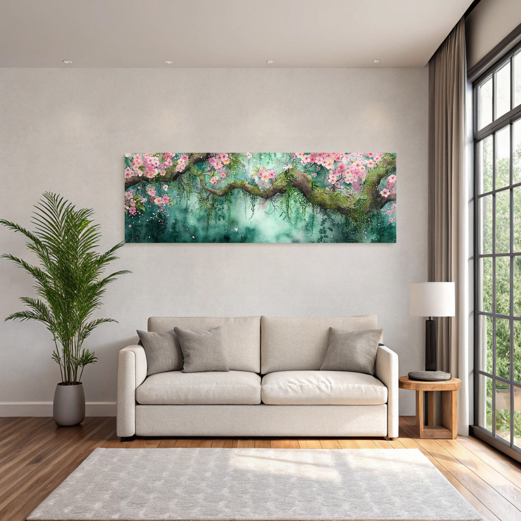 Aquarell Zweig Mit Rosa Kirschblüten Vor Grünblaüm Hintergrund