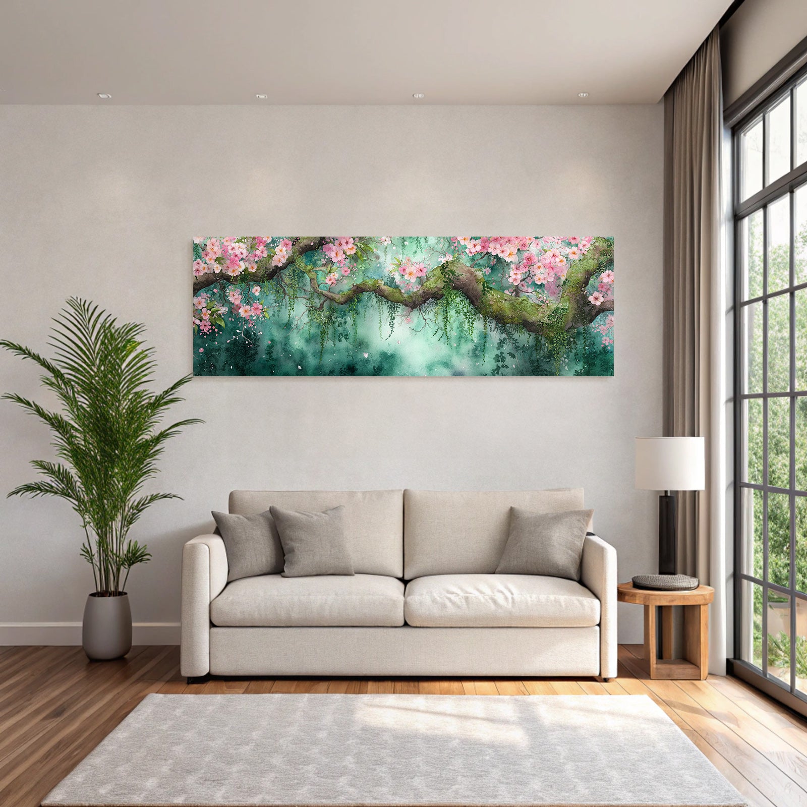 Aquarell Zweig Mit Rosa Kirschblüten Vor Grünblaüm Hintergrund