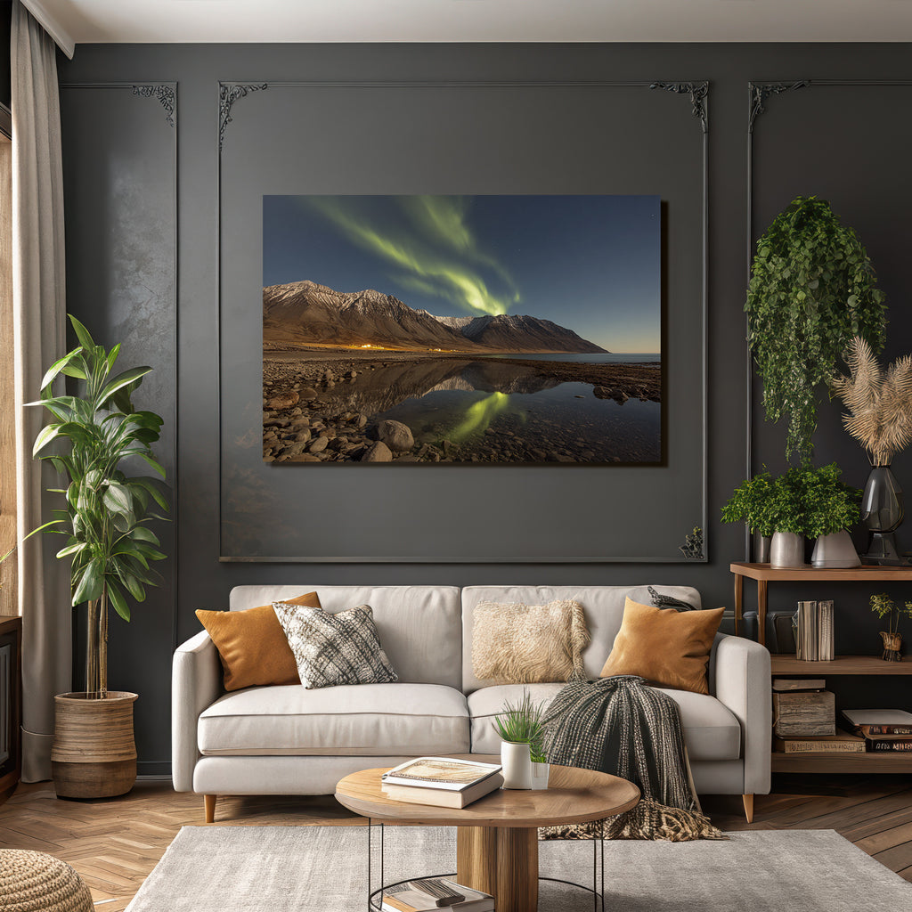Polarlicht Nordlichter Reflektion Berge Und Wasser Schneebedeckt Ruhe | Fjorde und Gletscher | Landschaften