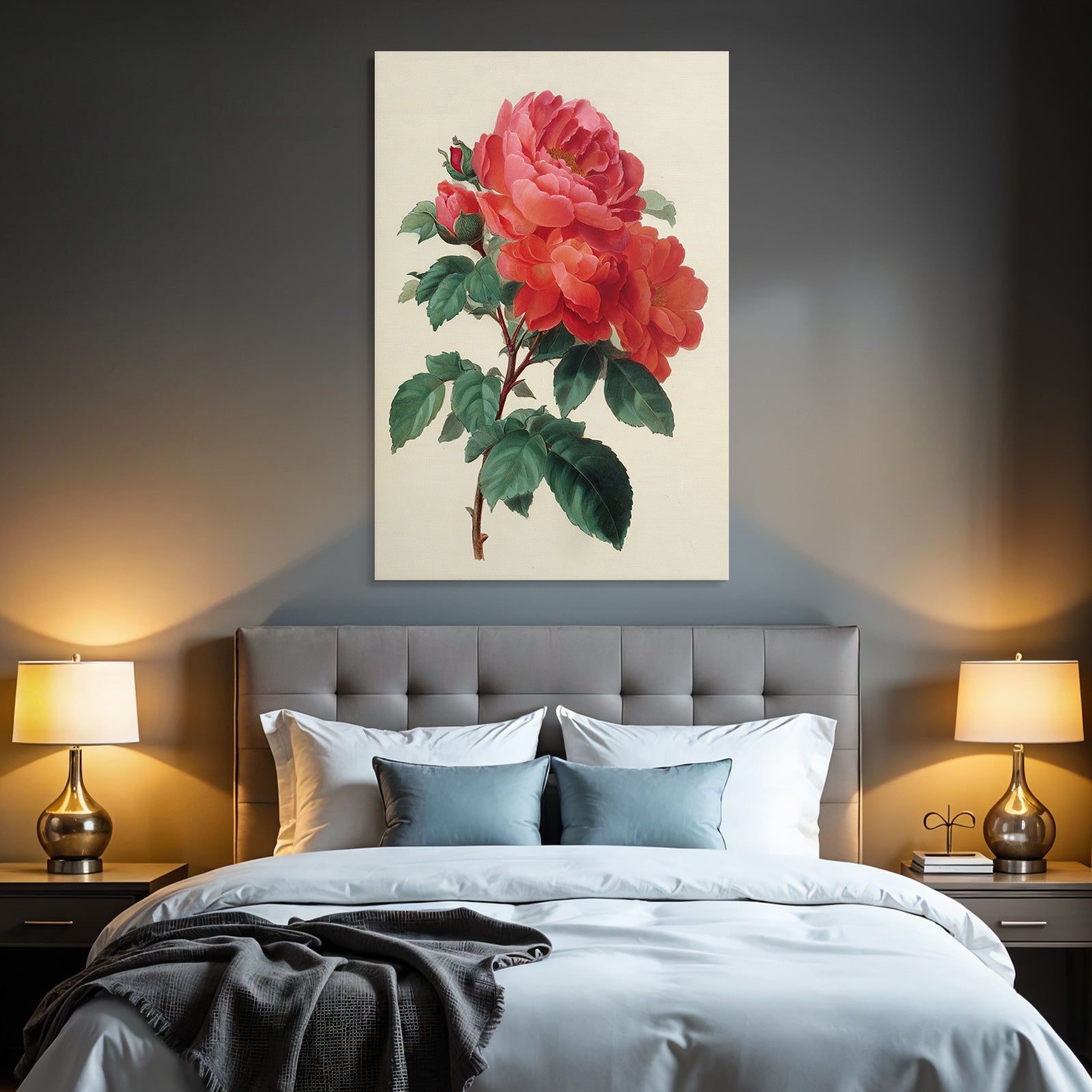 Botanische Illustration Roter Rosen Im Vollblute Mit Blütenknospen Und Grünen Blättern