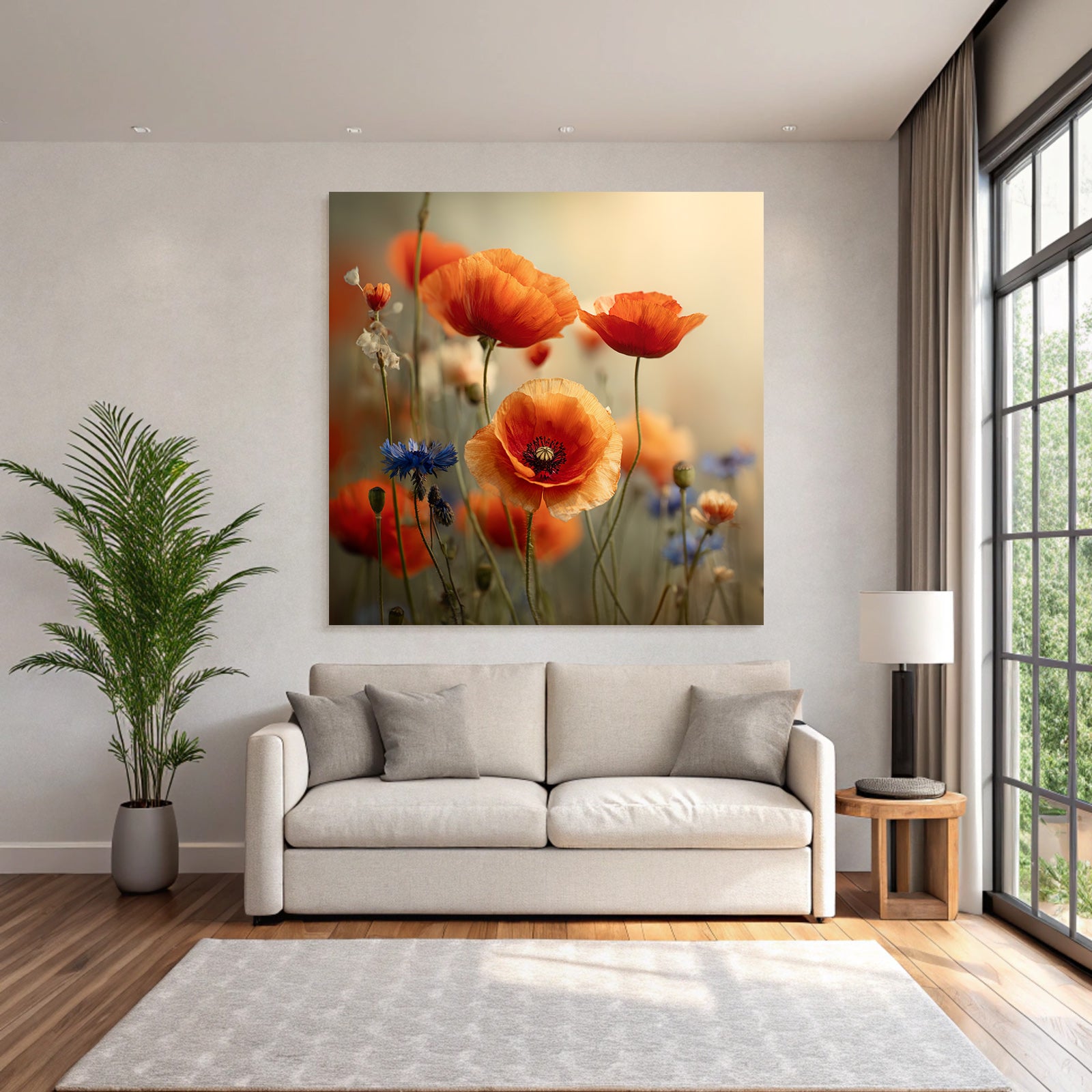 Lebhafte Wiese Mit Orangen Mohn Und Blaün Korn