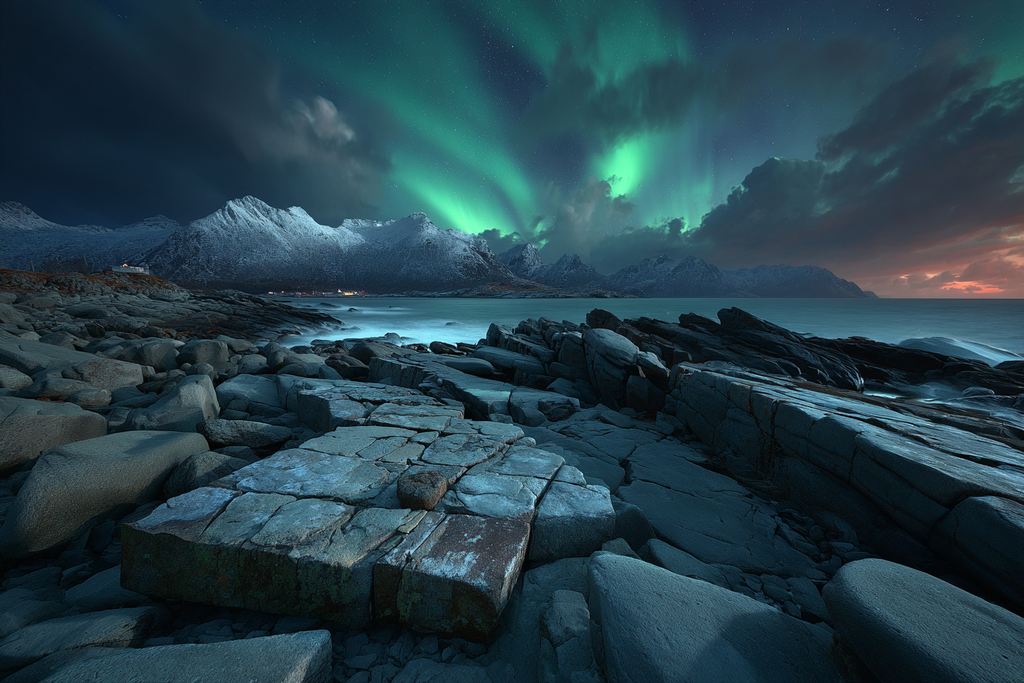 Polarlicht Rockige Küste Mit Aurora Borealis Und Schneebedeckten Bergen | Fjorde und Gletscher | Landschaften
