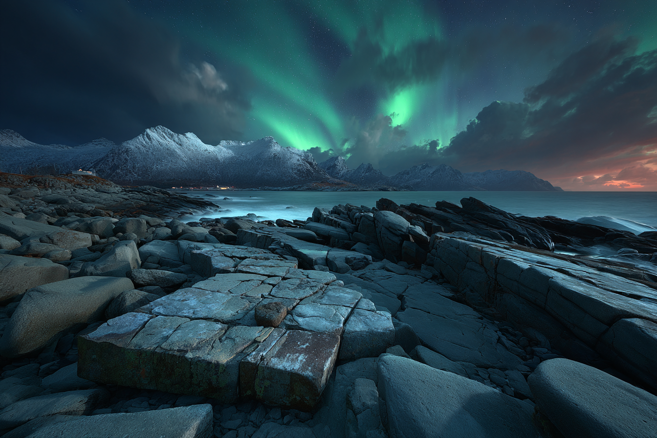 Polarlicht Rockige Küste Mit Aurora Borealis Und Schneebedeckten Bergen | Fjorde und Gletscher | Landschaften