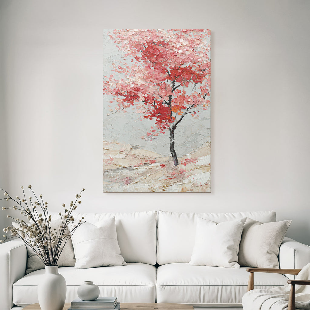 Impasto Baum Mit Pinken Und Roten Blättern Vor Graüm Hintergrund