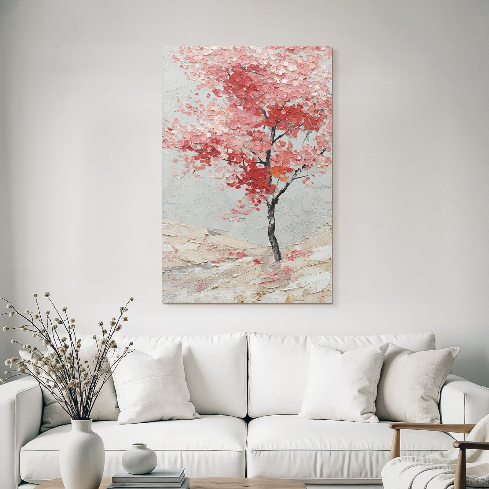 Impasto Baum Mit Pinken Und Roten Blättern Vor Graüm Hintergrund