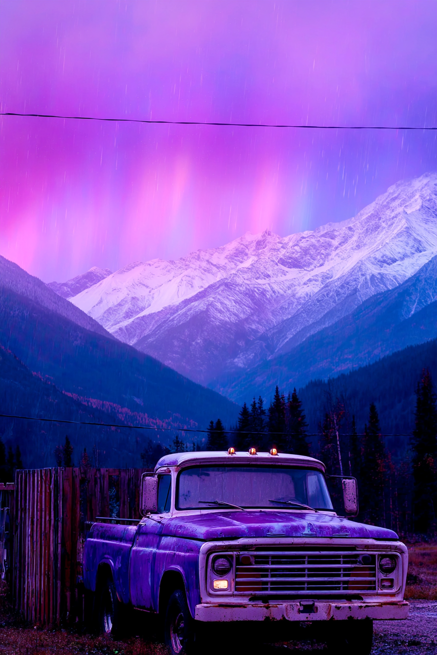 Polarlicht Vintage Lastwagen In Der Natur Mit Schneebedeckten Bergen Und Bunten Himmel | Fjorde und Gletscher | Landschaften
