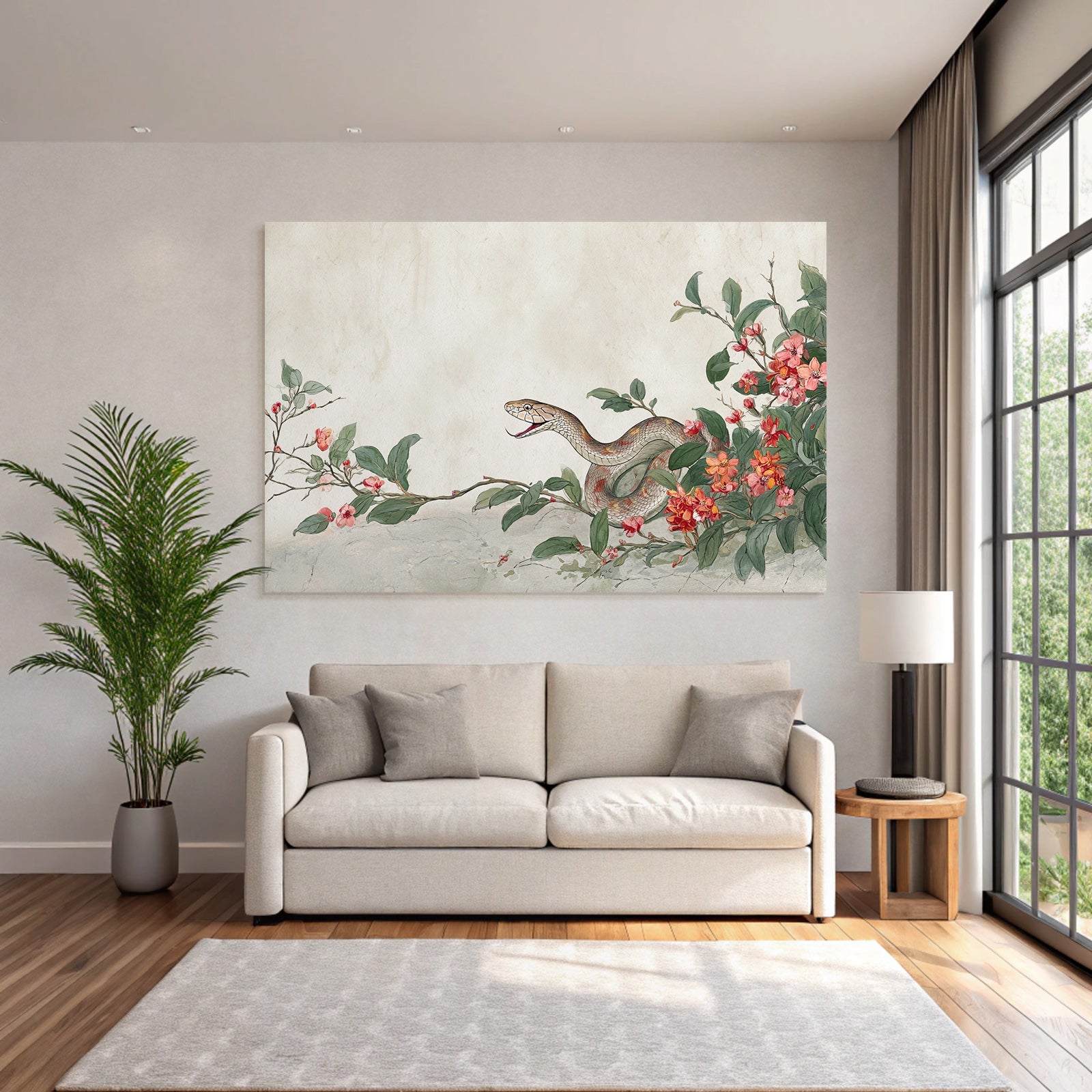 Schlange Mit Bluhenden Blüten Und Blättern Im Botanischen Stil