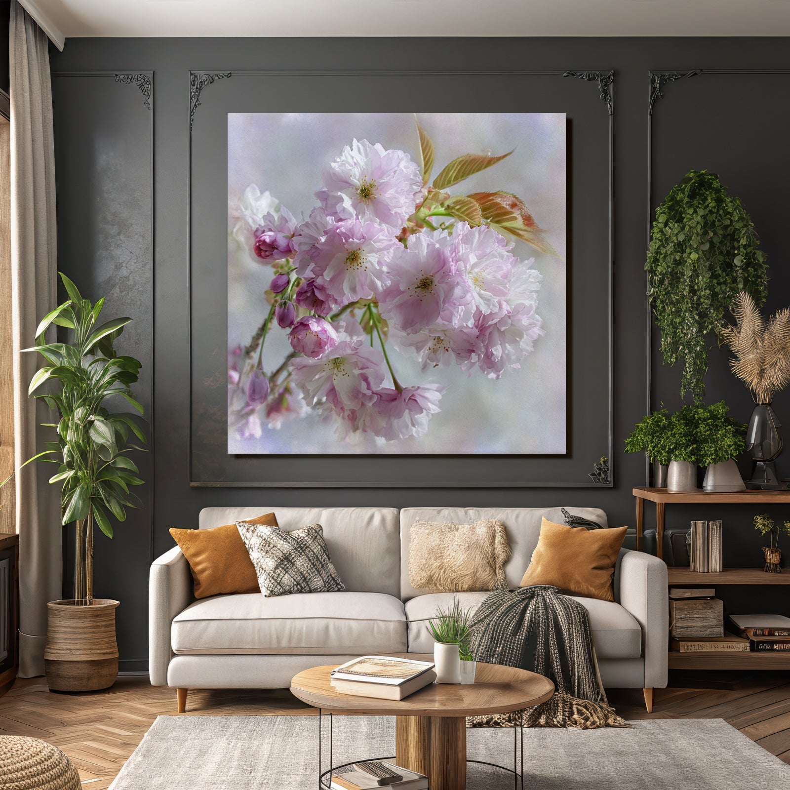 Zarte Rosa Kirschblüten Mit Knospen Vor Pastellhintergrund